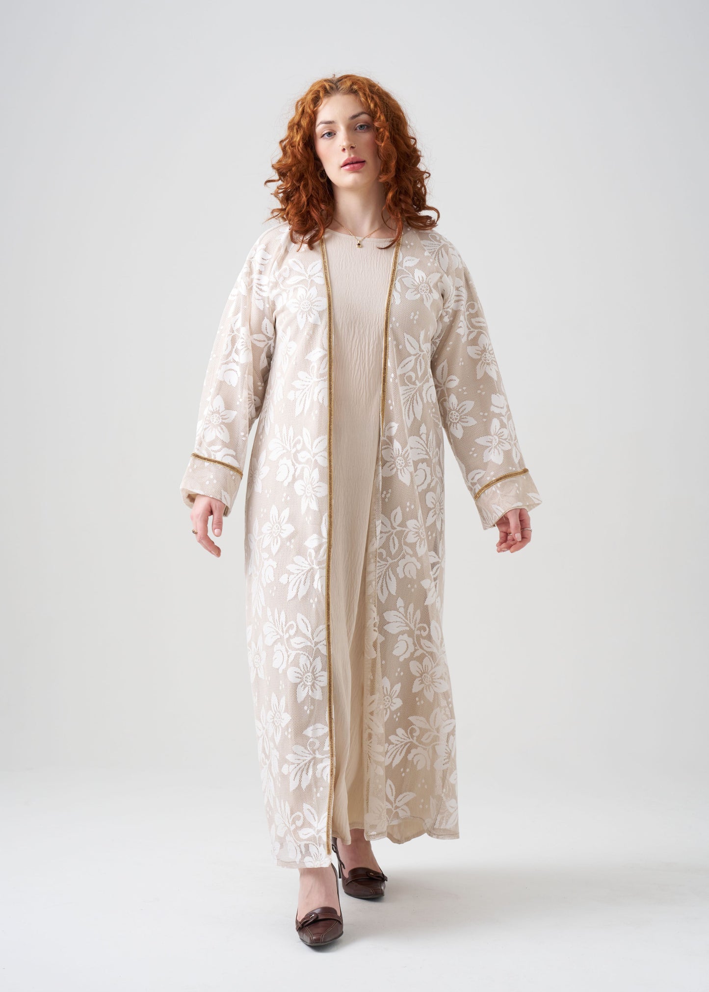 Gown-Style White and Gold Abaya with Gold Detail | Net Gown | 2-piece | Hijab Included