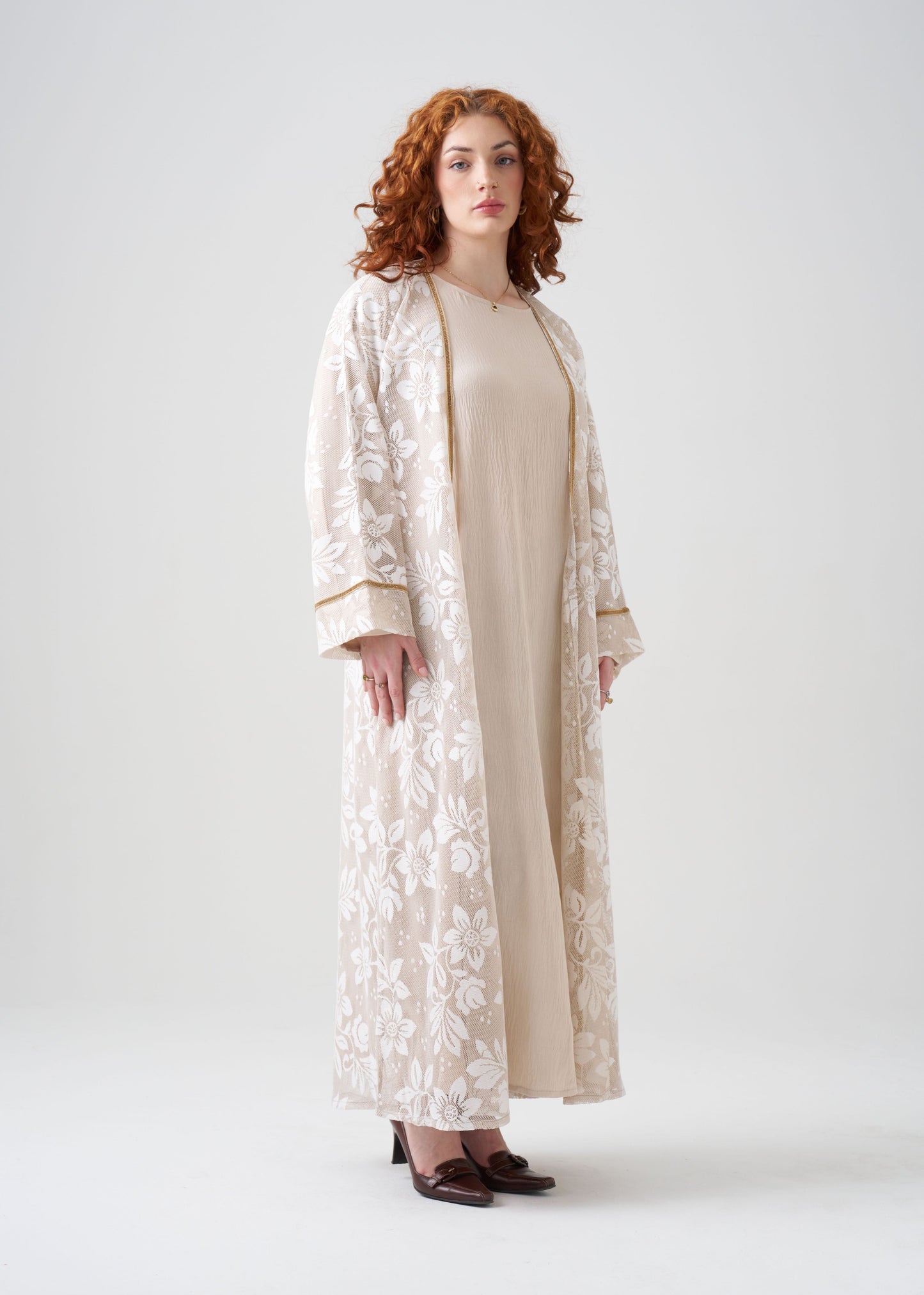 Gown-Style White and Gold Abaya with Gold Detail | Net Gown | 2-piece | Hijab Included