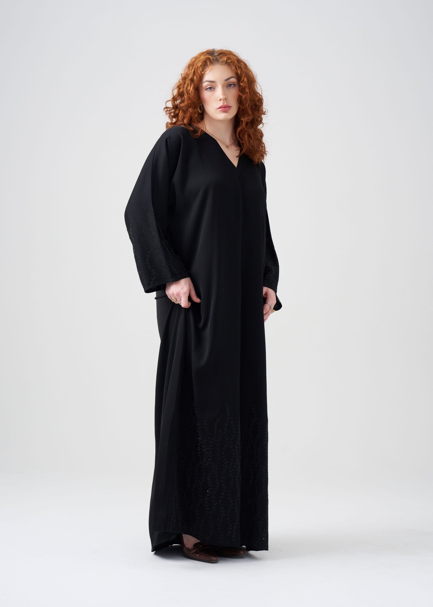 Straight-fit Black Abaya | Beaded Design | Hijab Included