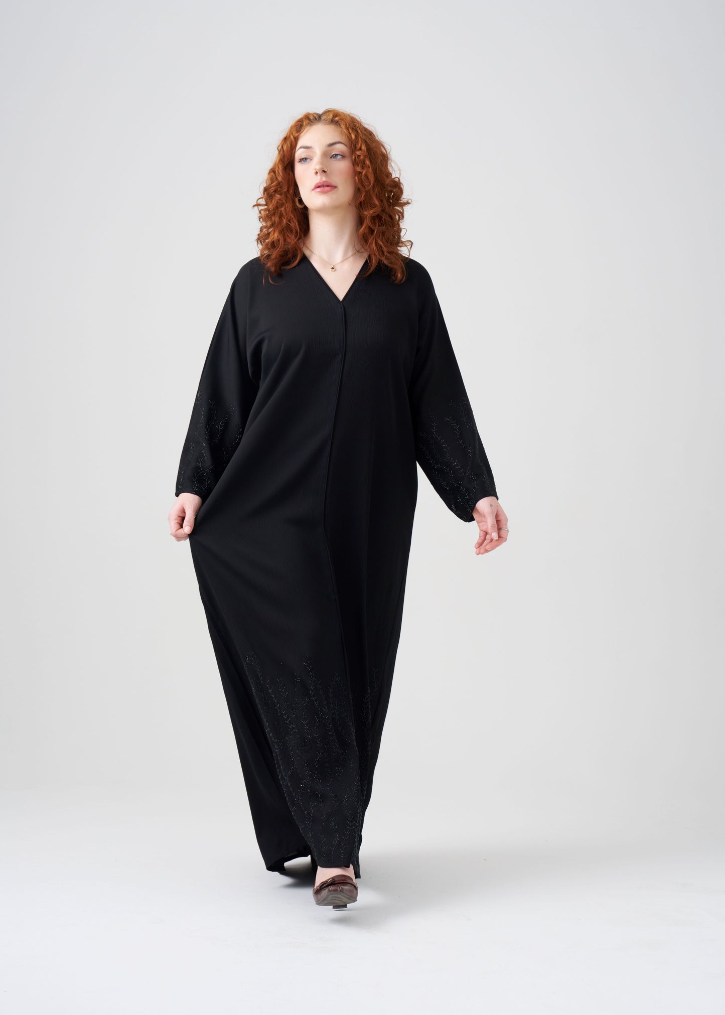 Straight-fit Black Abaya | Beaded Design | Hijab Included