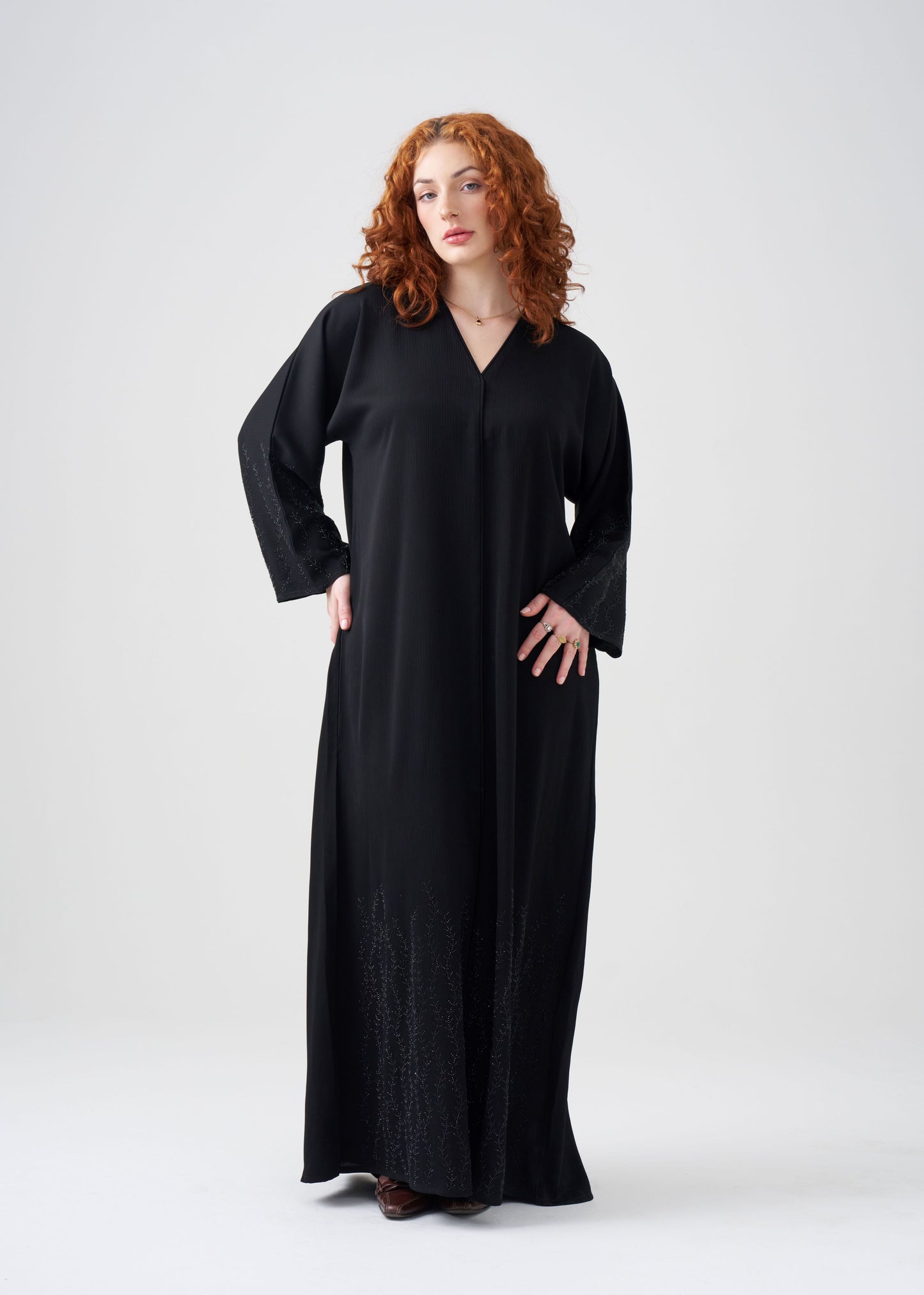 Straight-fit Black Abaya | Beaded Design | Hijab Included