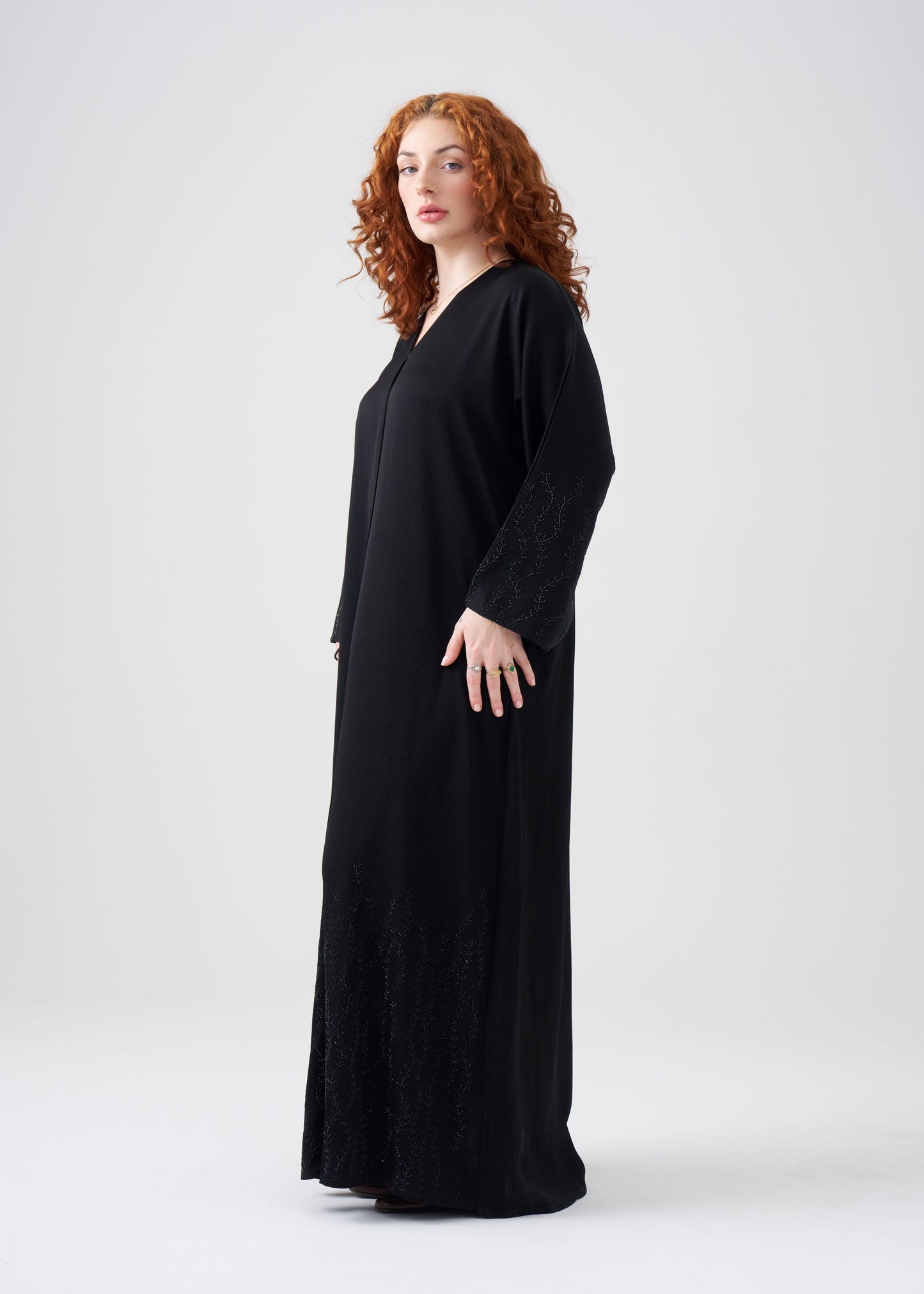 Straight-fit Black Abaya | Beaded Design | Hijab Included