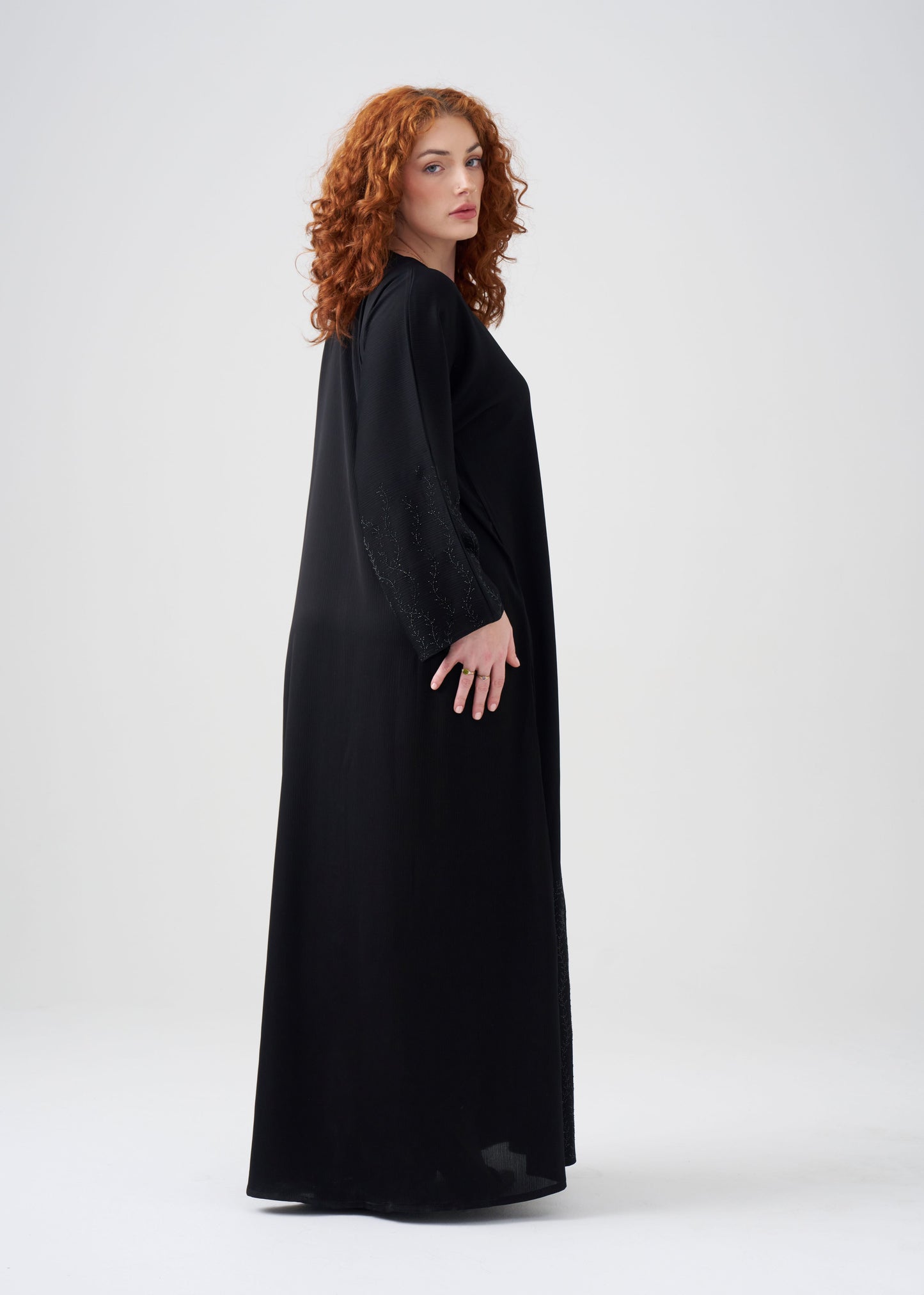 Straight-fit Black Abaya | Beaded Design | Hijab Included