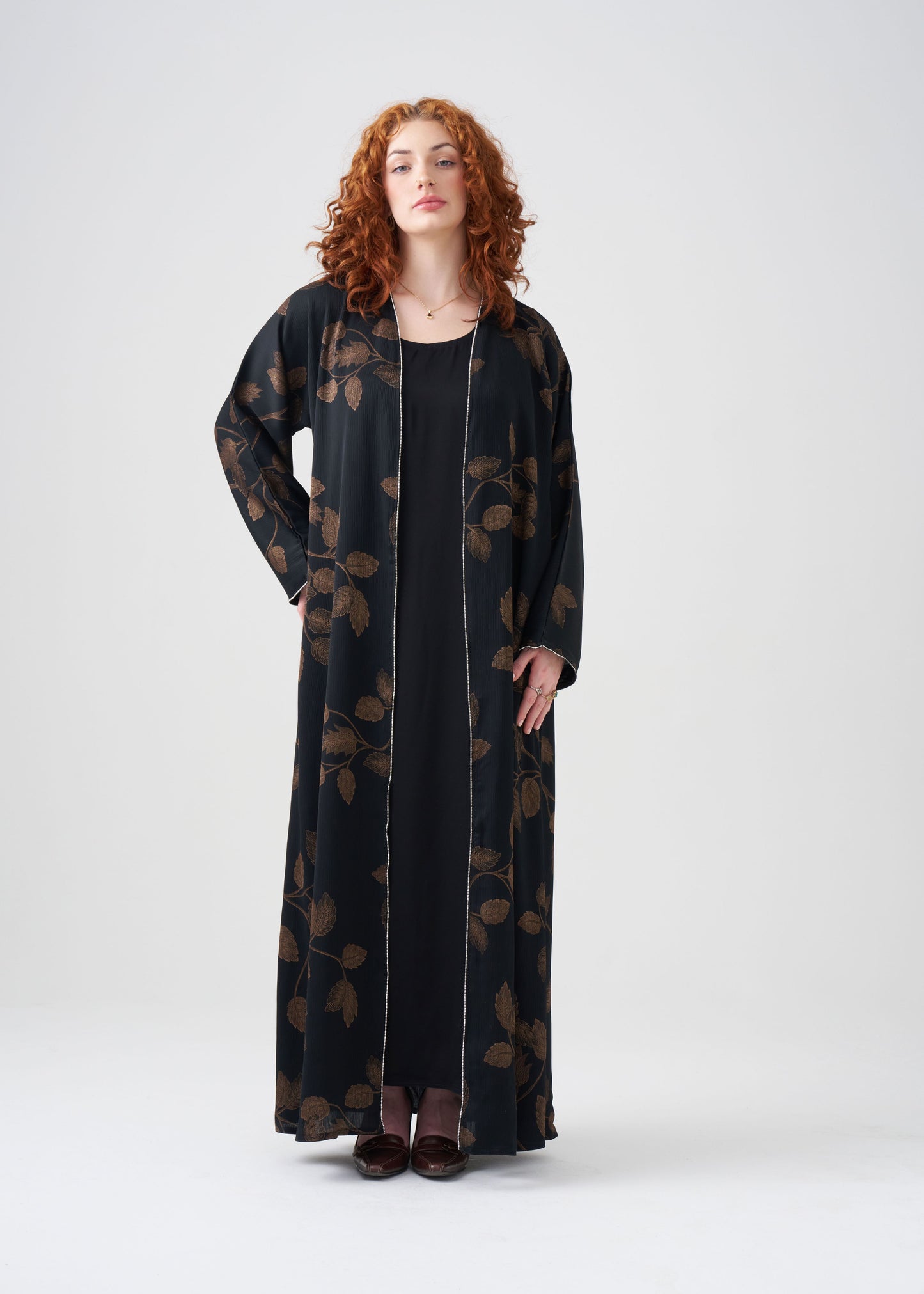 Gown-style Black and Gold Abaya | Golden Leaf Design | 2-piece | Hijab Included