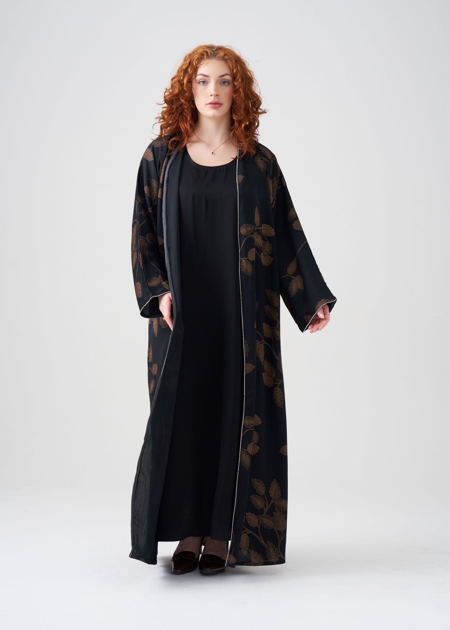 Gown-style Black and Gold Abaya | Golden Leaf Design | 2-piece | Hijab Included