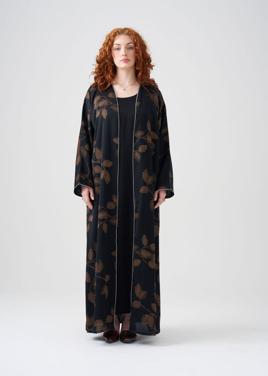 Gown-style Black and Gold Abaya | Golden Leaf Design | 2-piece | Hijab Included