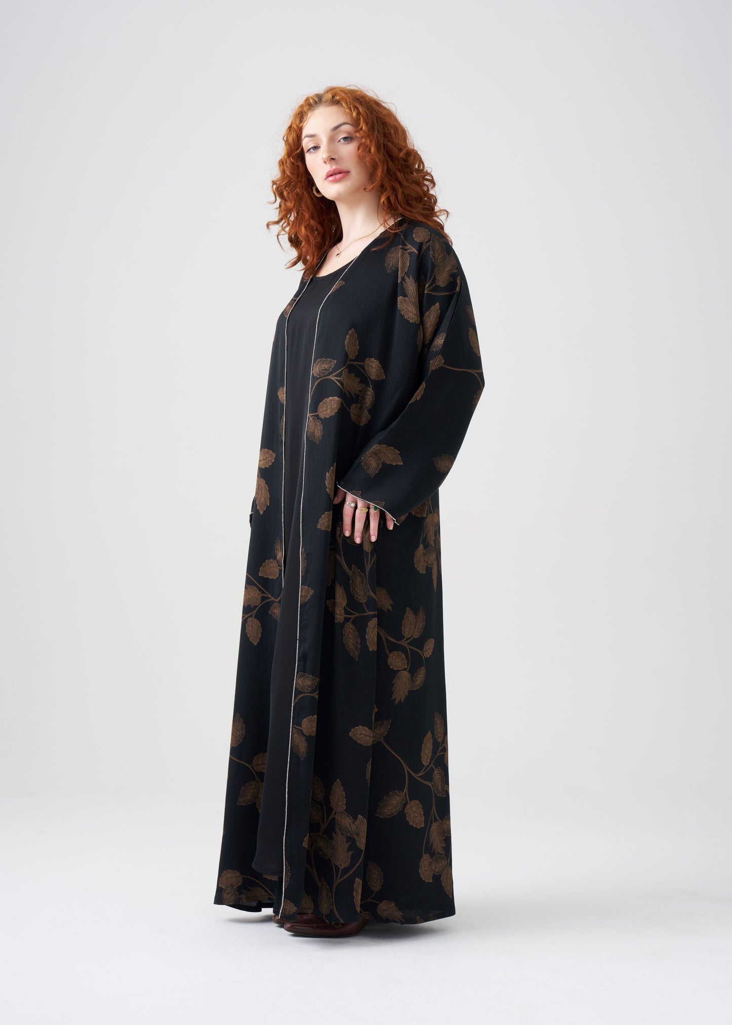 Gown-style Black and Gold Abaya | Golden Leaf Design | 2-piece | Hijab Included