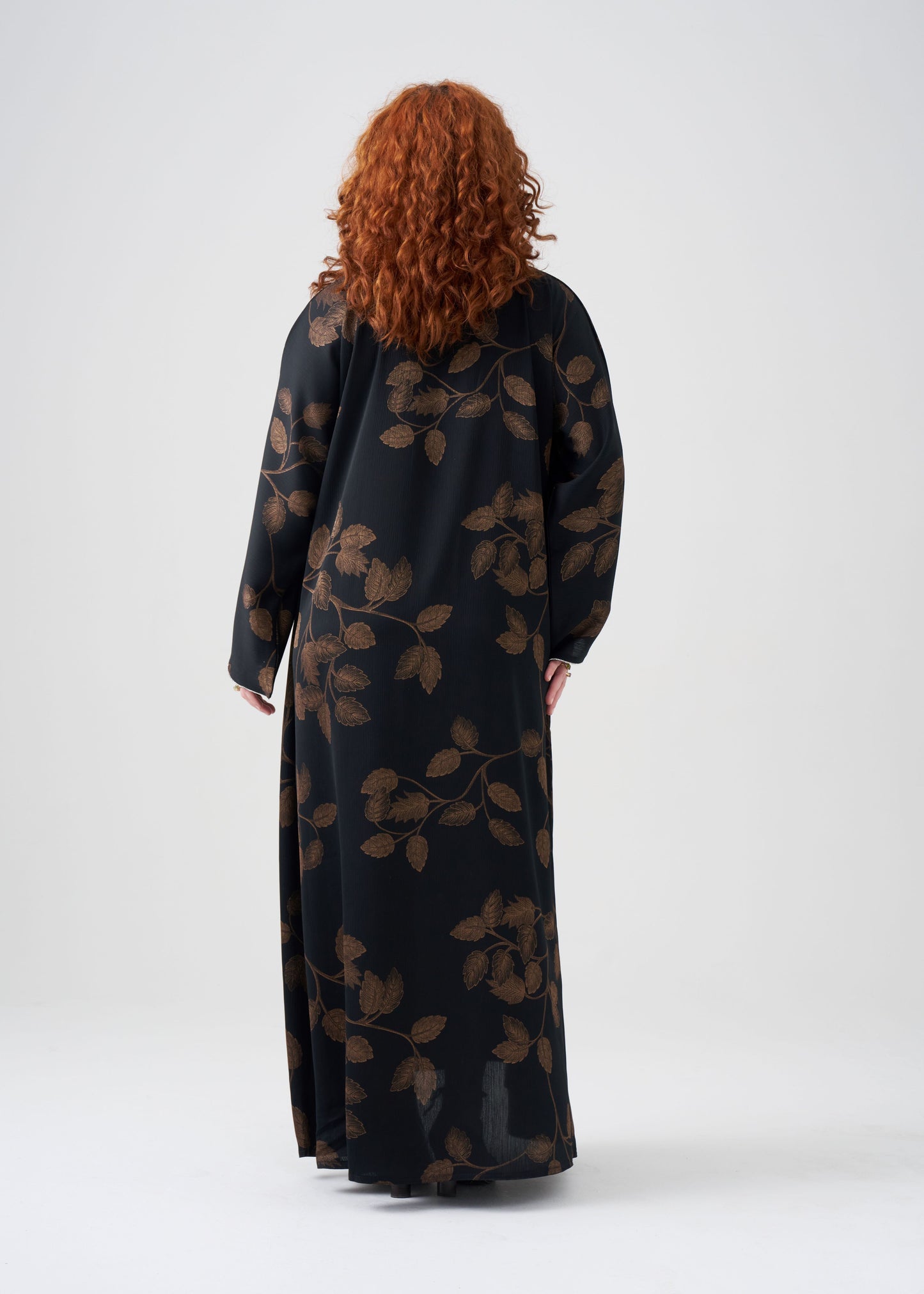 Gown-style Black and Gold Abaya | Golden Leaf Design | 2-piece | Hijab Included