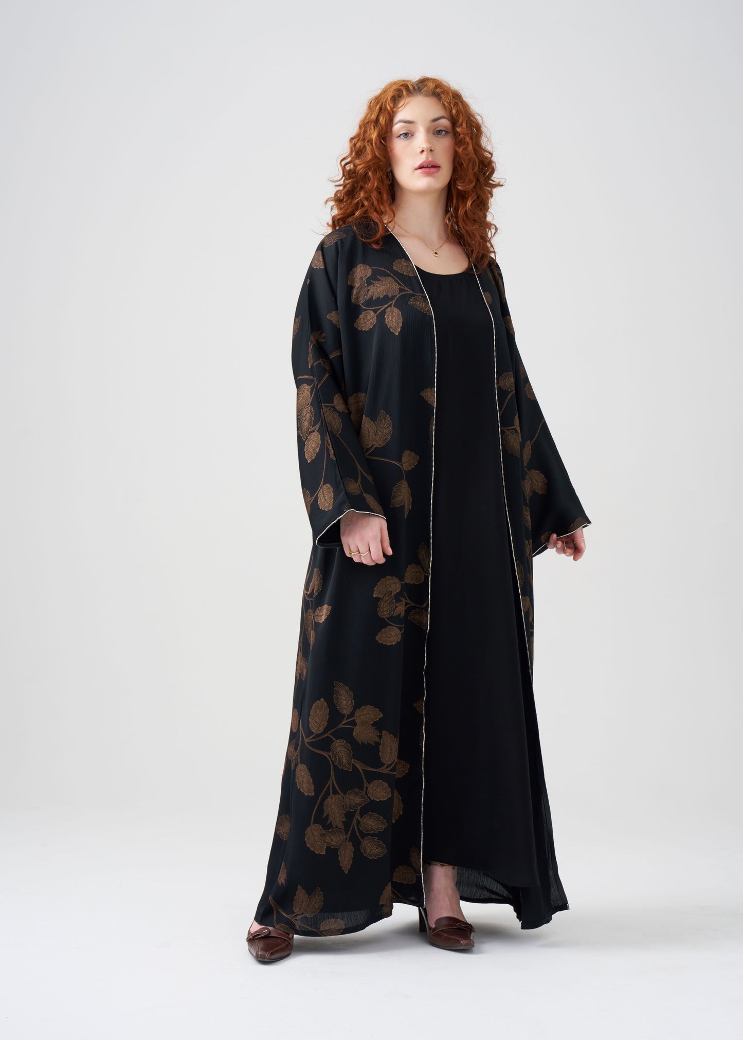 Gown-style Black and Gold Abaya | Golden Leaf Design | 2-piece | Hijab Included