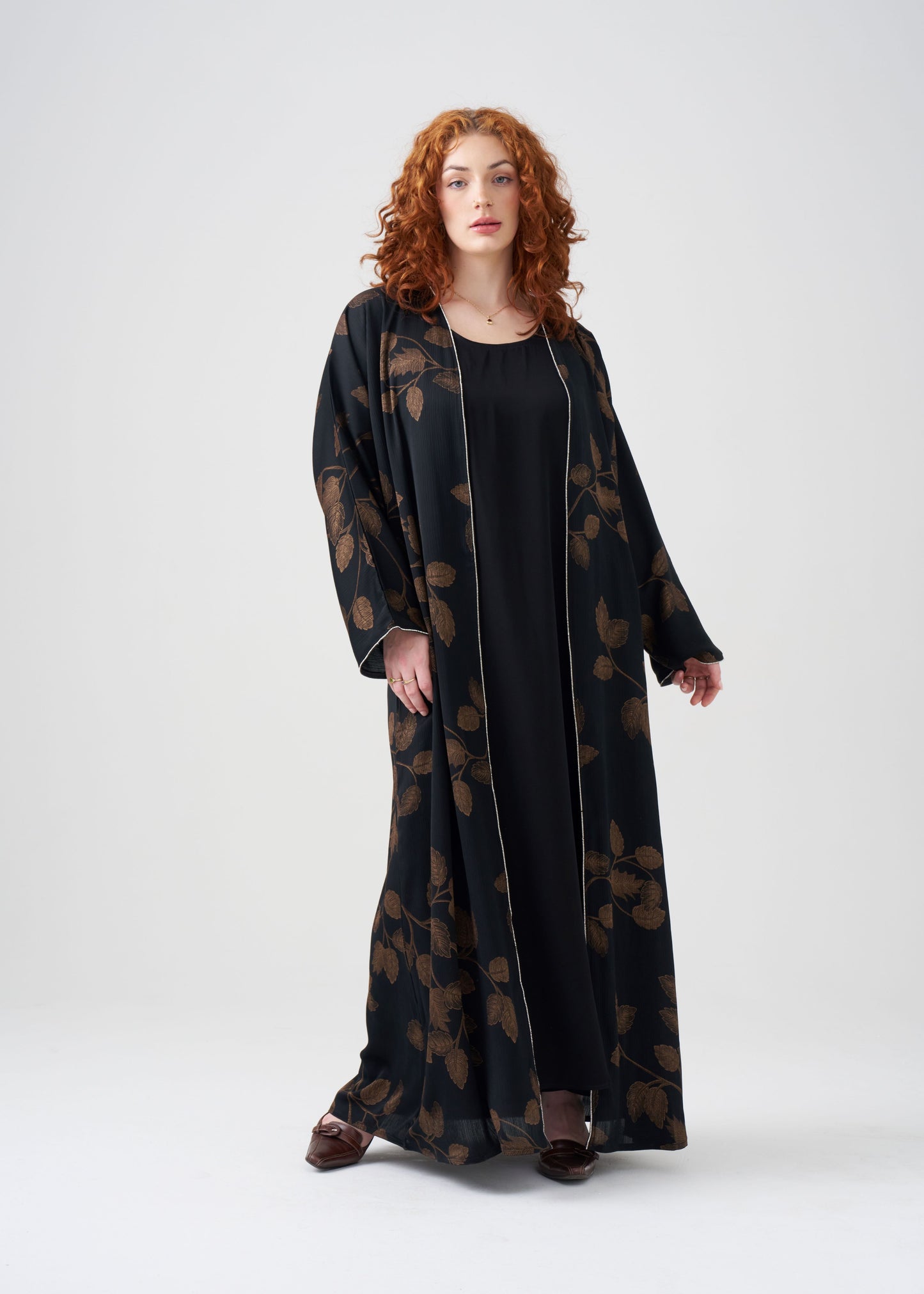 Gown-style Black and Gold Abaya | Golden Leaf Design | 2-piece | Hijab Included