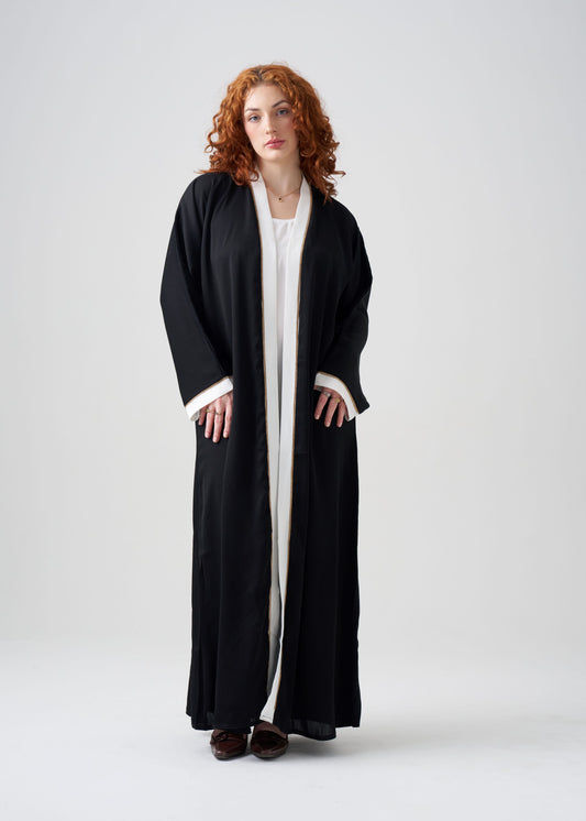 Gown-Style Black and White Abaya | Black Gown with White Border | White Under Abaya | 2-piece | Hijab Included