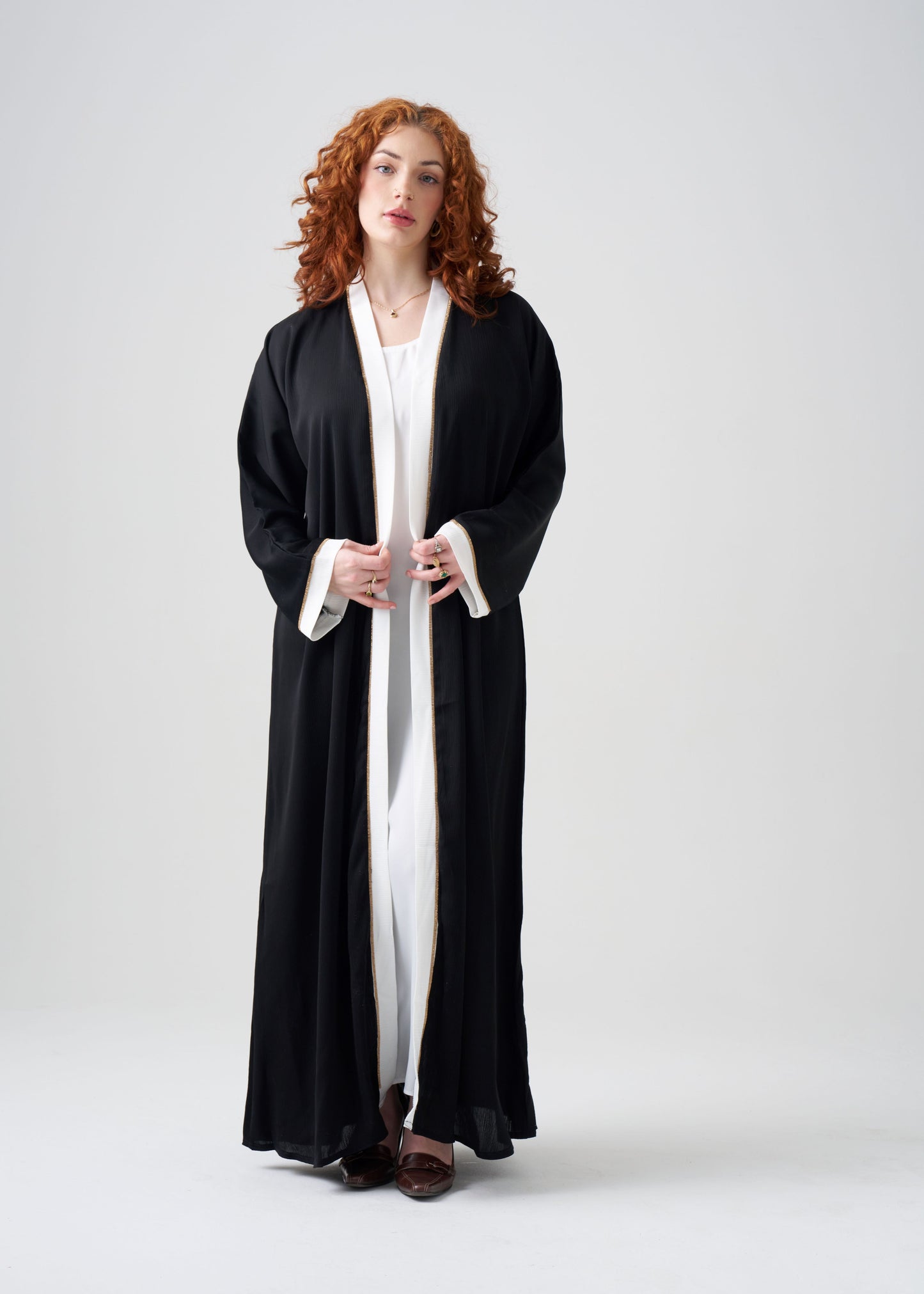 Gown-Style Black and White Abaya | Black Gown with White Border | White Under Abaya | 2-piece | Hijab Included