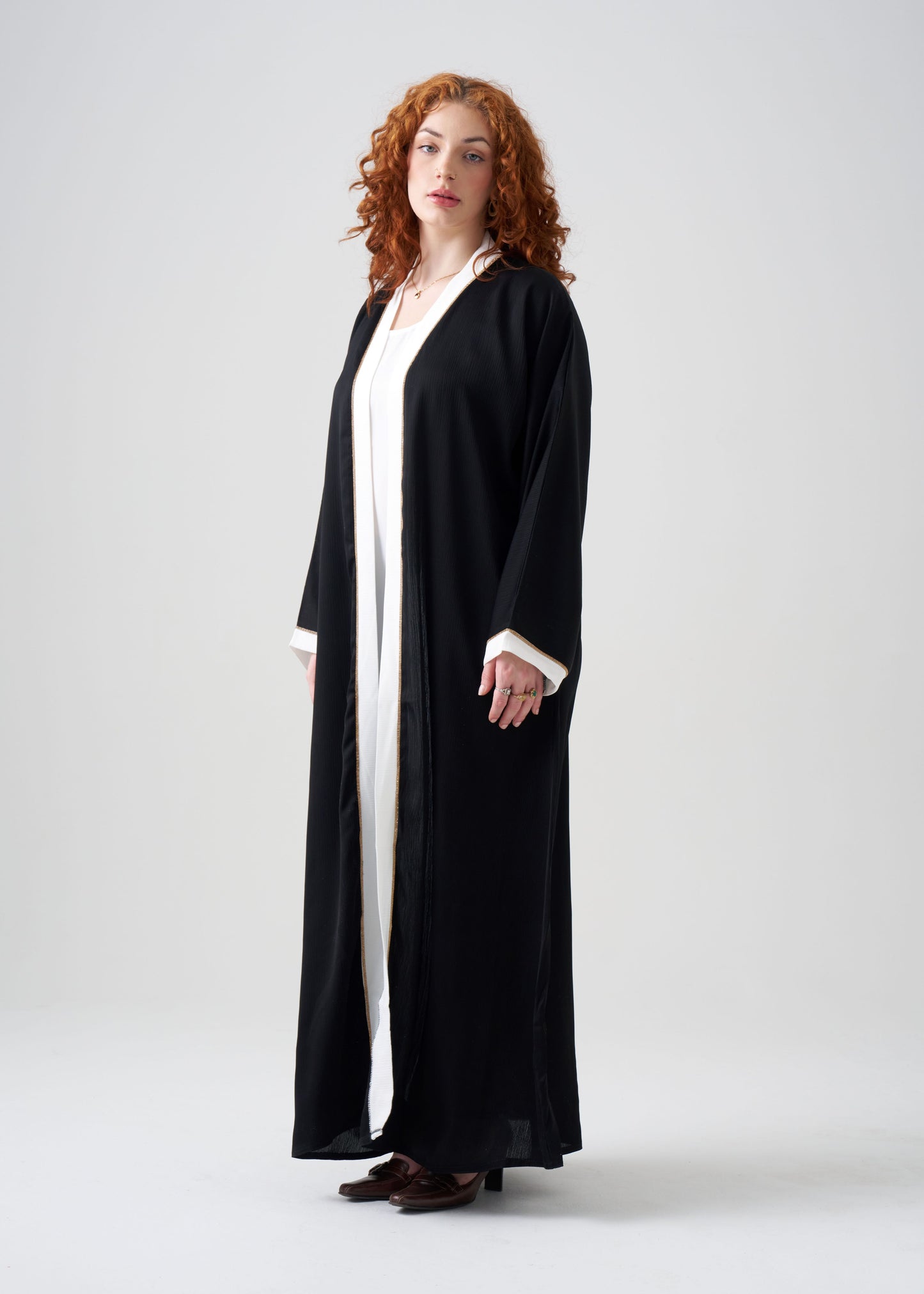 Gown-Style Black and White Abaya | Black Gown with White Border | White Under Abaya | 2-piece | Hijab Included