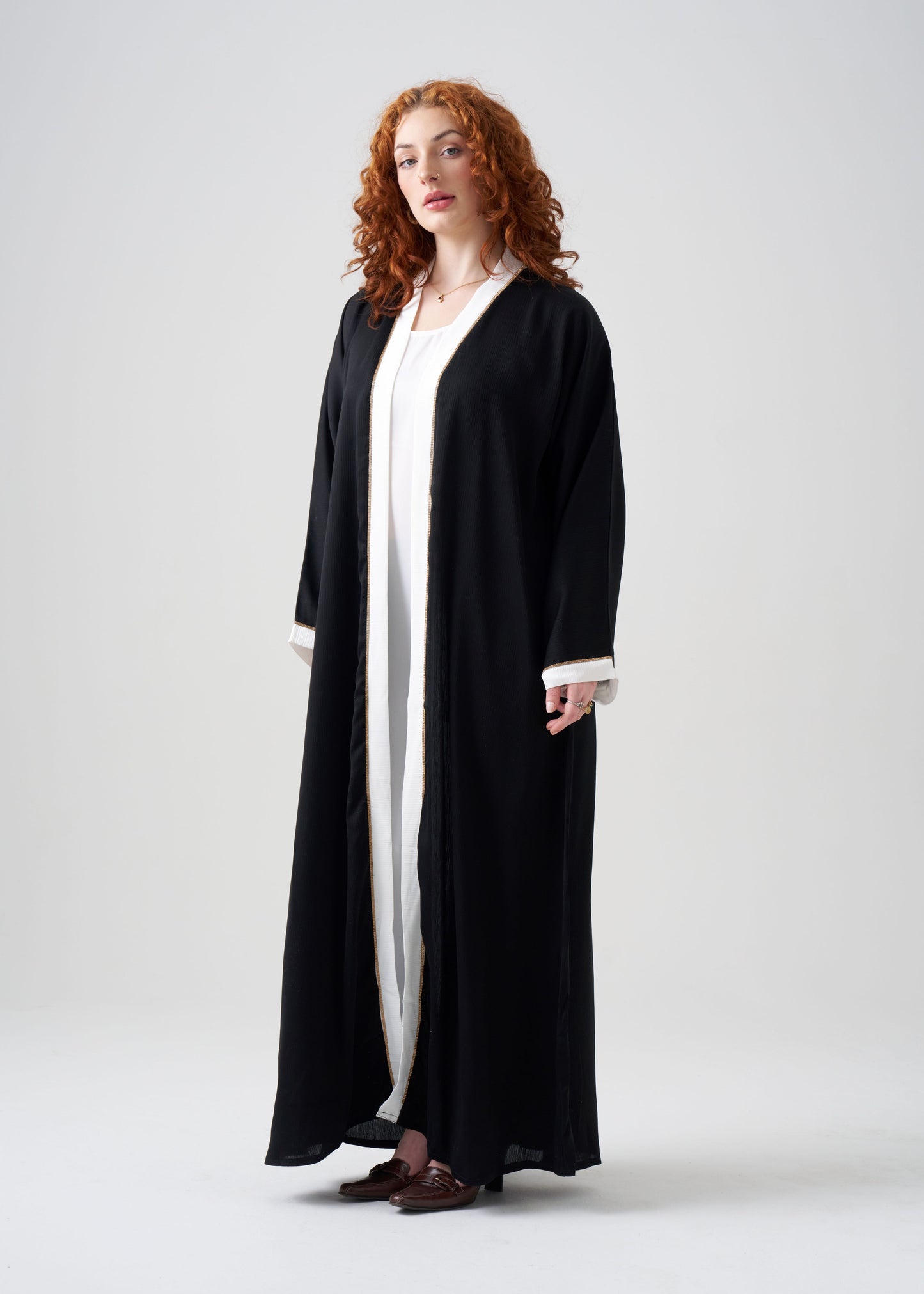 Gown-Style Black and White Abaya | Black Gown with White Border | White Under Abaya | 2-piece | Hijab Included