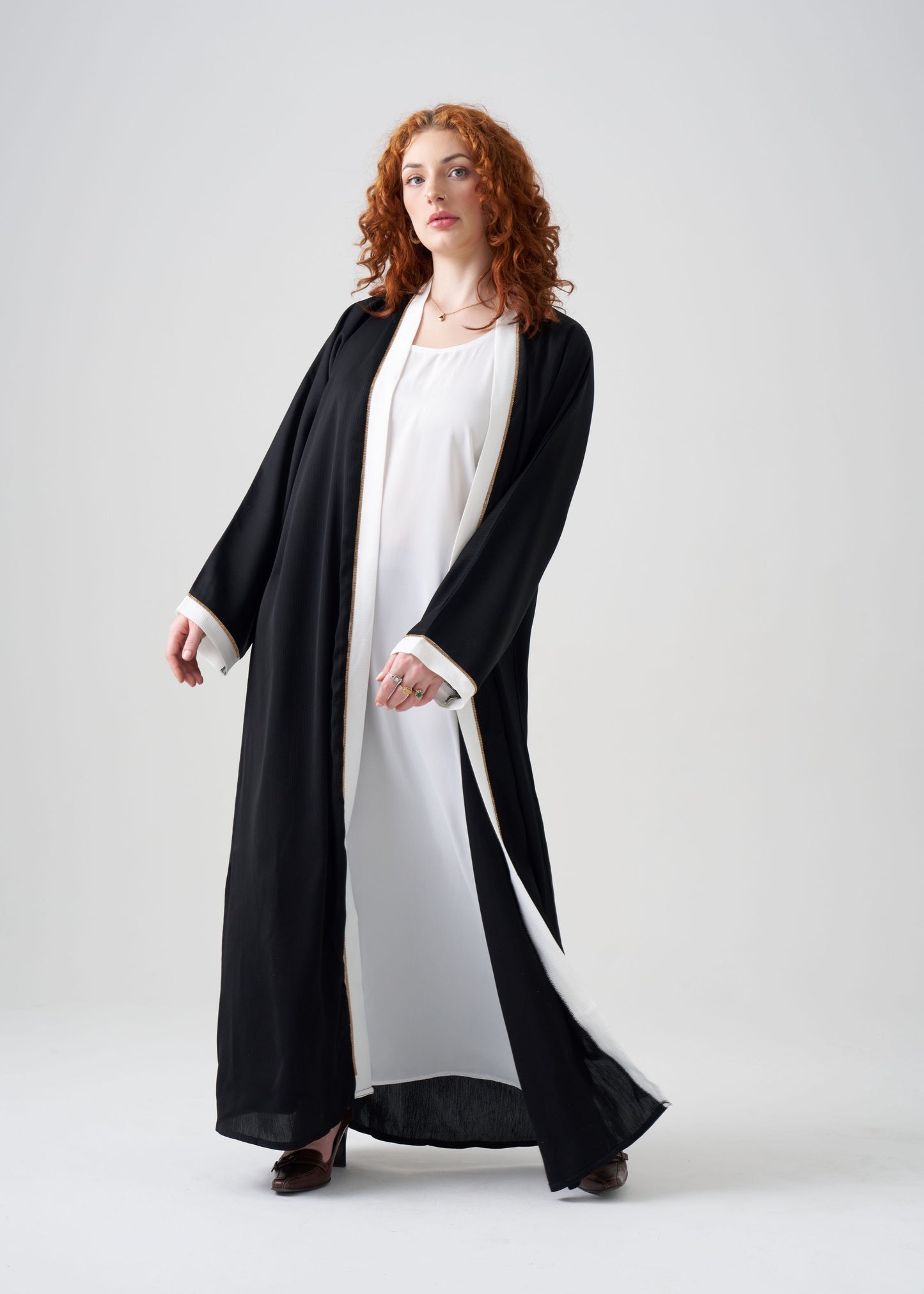 Gown-Style Black and White Abaya | Black Gown with White Border | White Under Abaya | 2-piece | Hijab Included