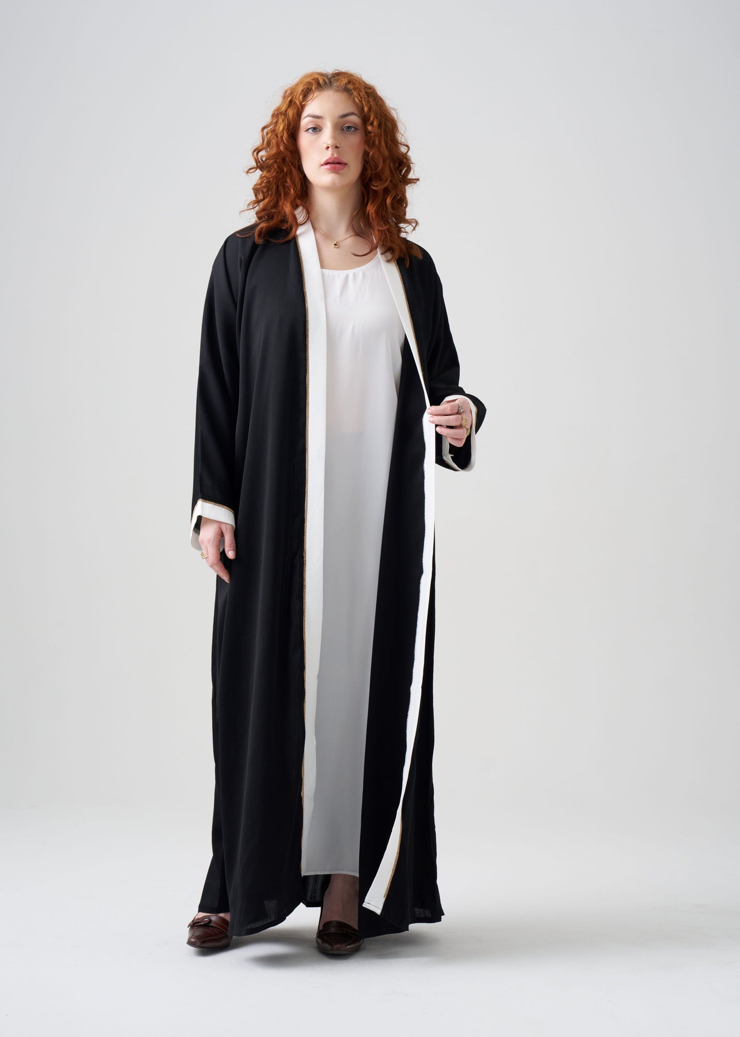 Gown-Style Black and White Abaya | Black Gown with White Border | White Under Abaya | 2-piece | Hijab Included