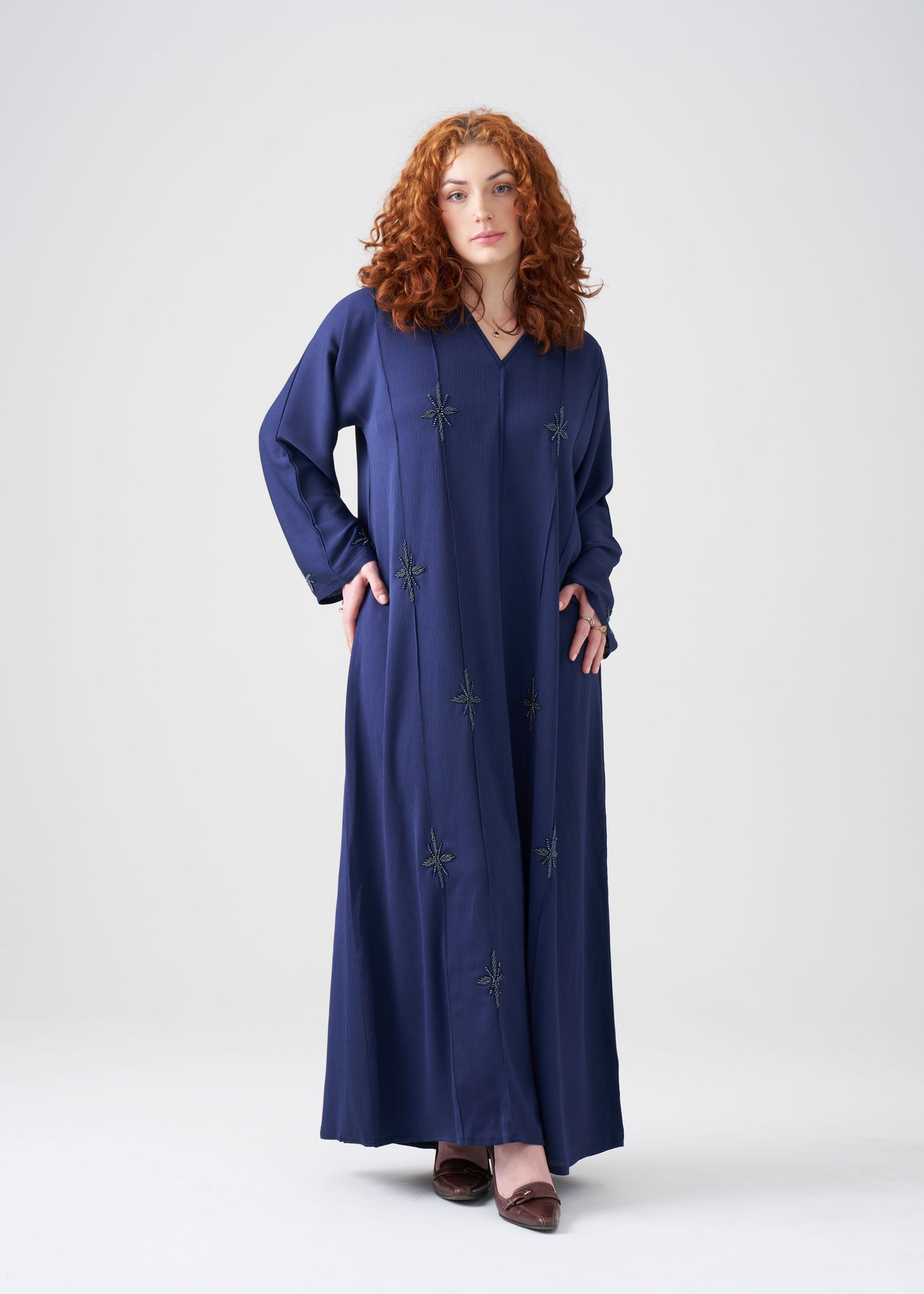 Straight-Fit Navy Blue Abaya with Beading | Hijab Included