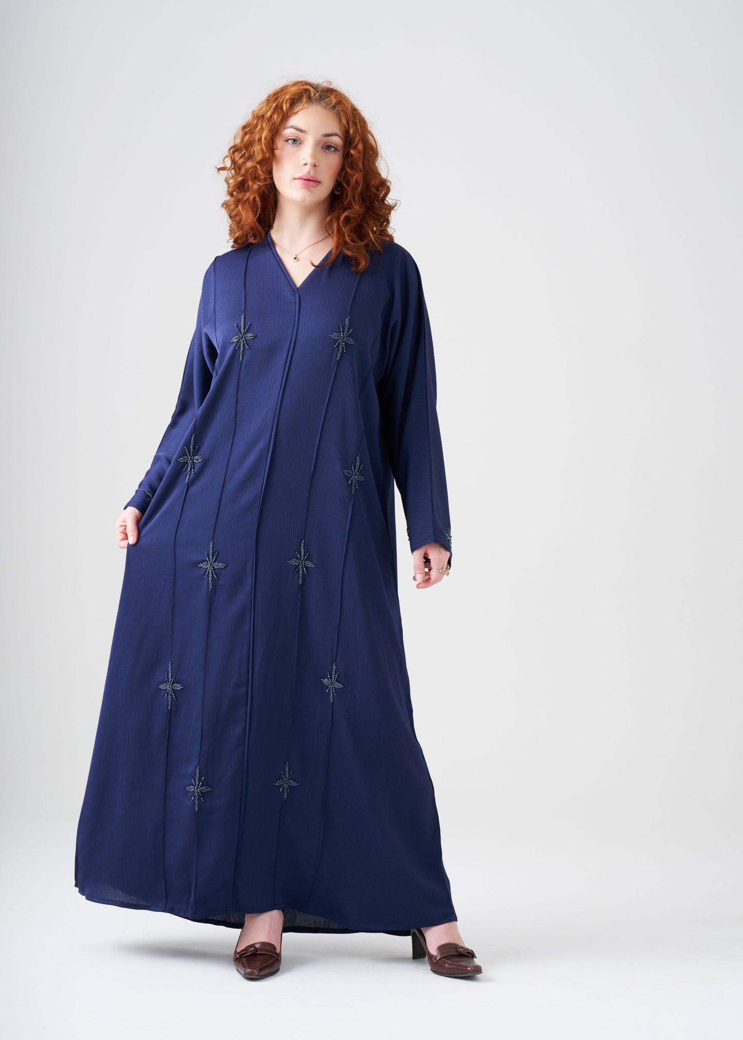 Straight-Fit Navy Blue Abaya with Beading | Hijab Included