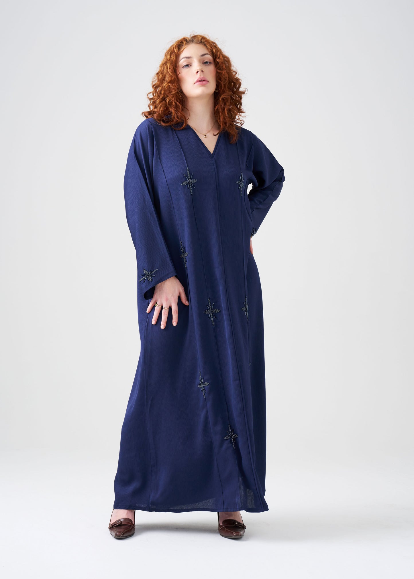 Straight-Fit Navy Blue Abaya with Beading | Hijab Included