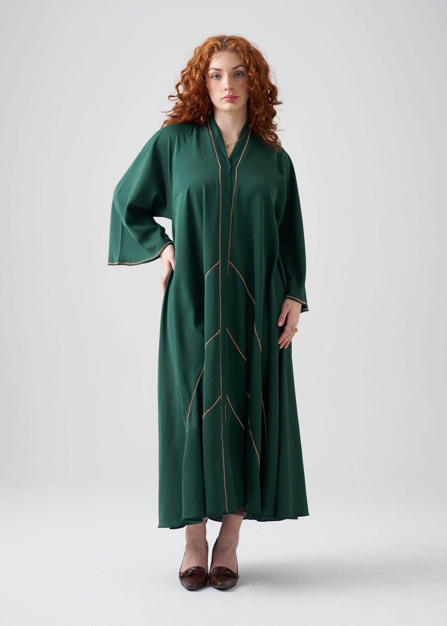 Wide-Fit Green Abaya with Gold Design | Flared-Sleeve | Hijab Included