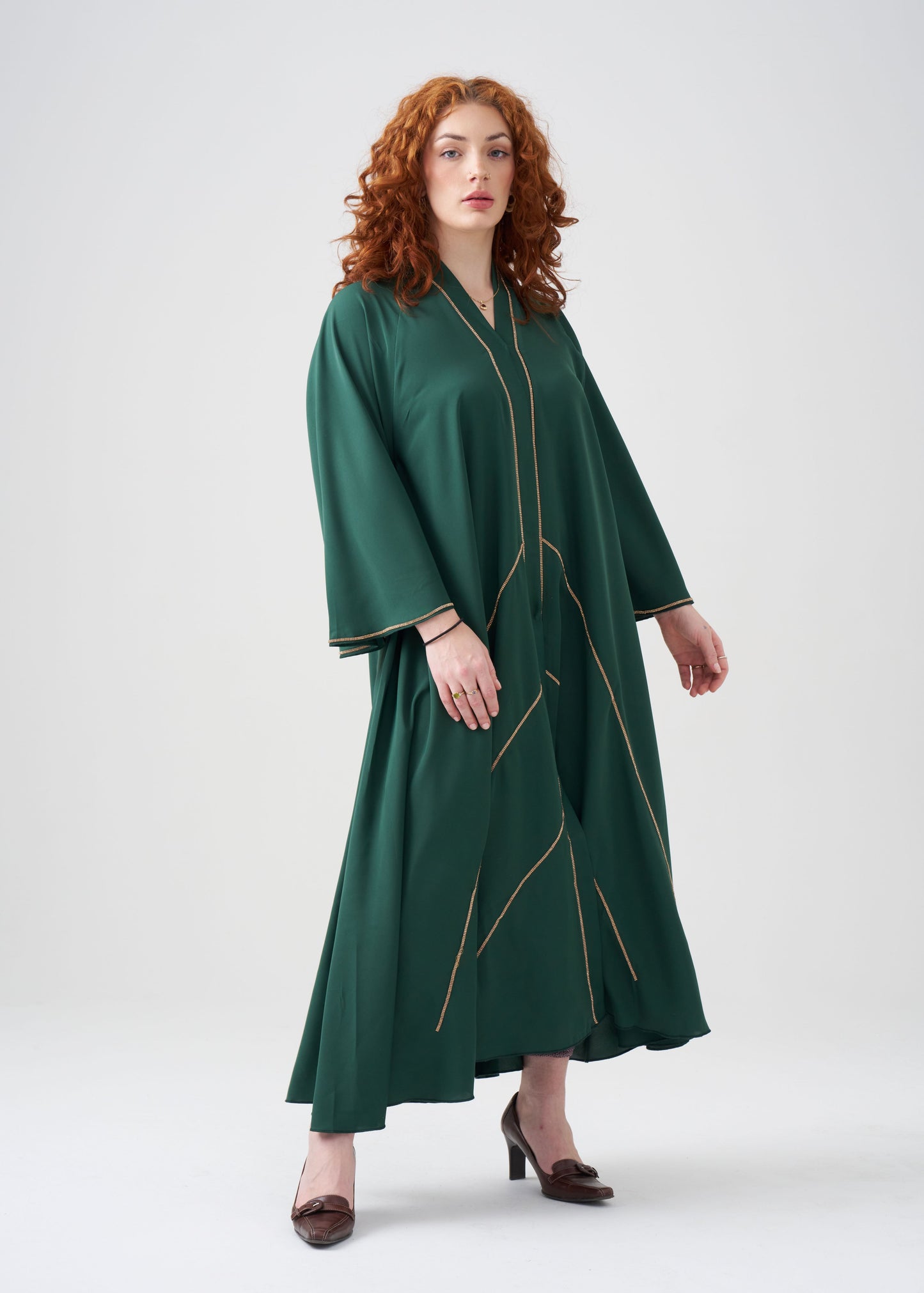 Wide-Fit Green Abaya with Gold Design | Flared-Sleeve | Hijab Included