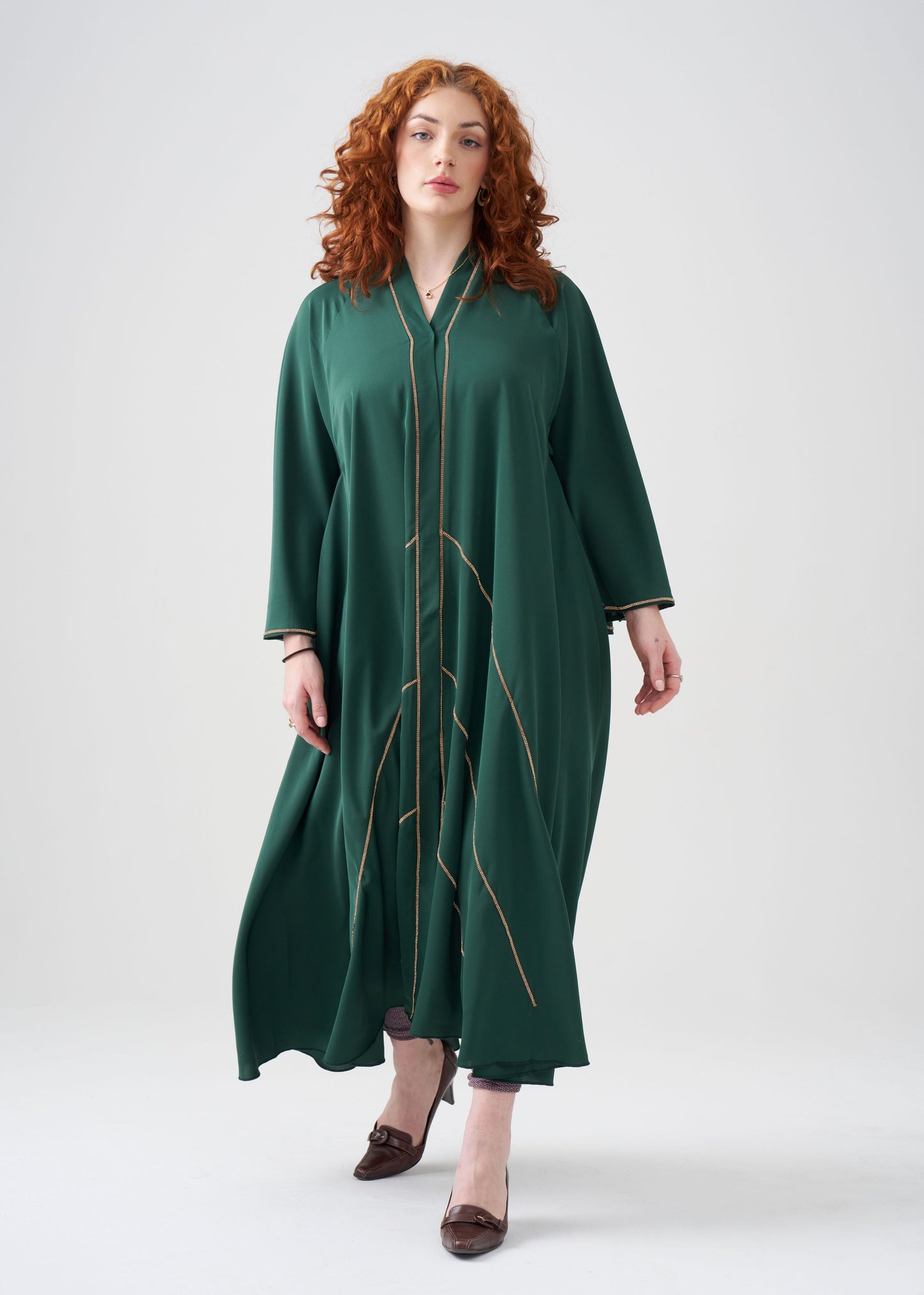 Wide-Fit Green Abaya with Gold Design | Flared-Sleeve | Hijab Included