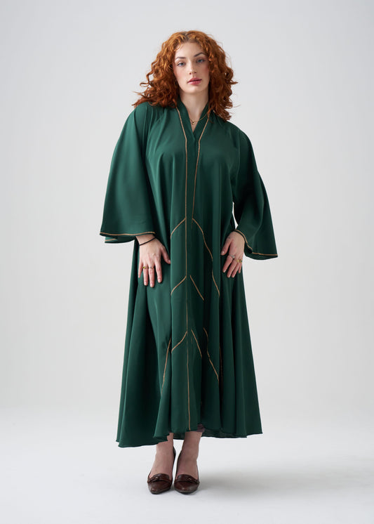 Wide-Fit Green Abaya with Gold Design | Flared-Sleeve | Hijab Included