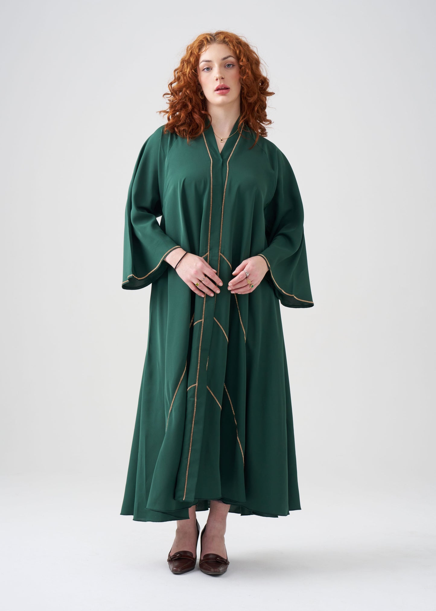 Wide-Fit Green Abaya with Gold Design | Flared-Sleeve | Hijab Included