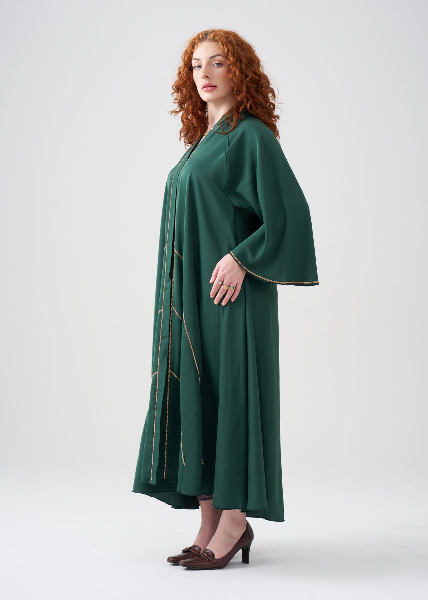 Wide-Fit Green Abaya with Gold Design | Flared-Sleeve | Hijab Included