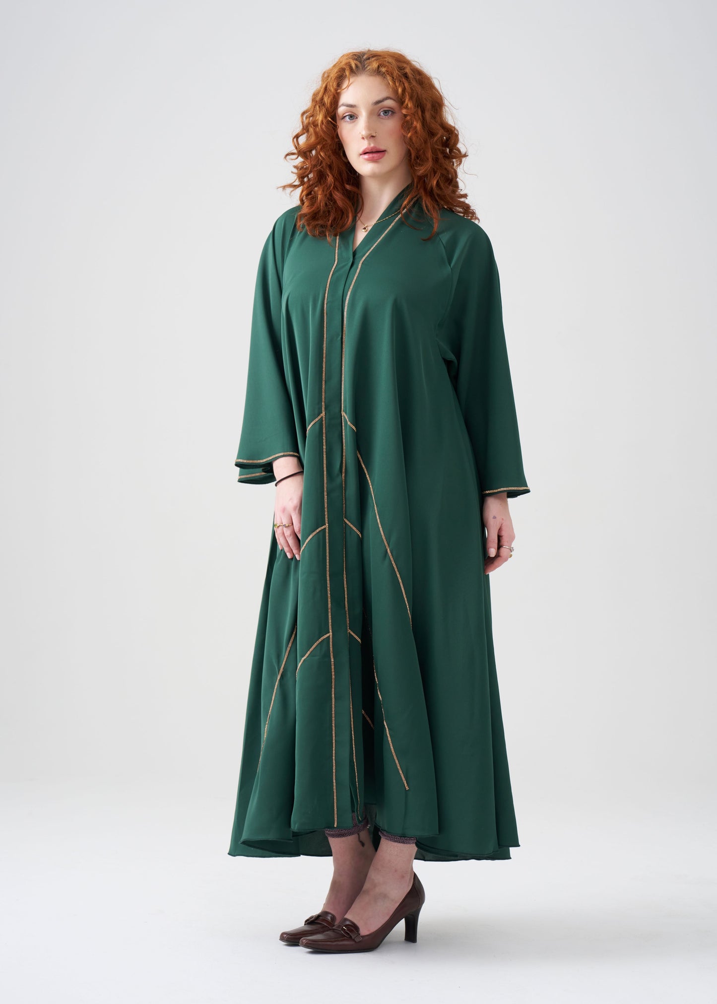 Wide-Fit Green Abaya with Gold Design | Flared-Sleeve | Hijab Included