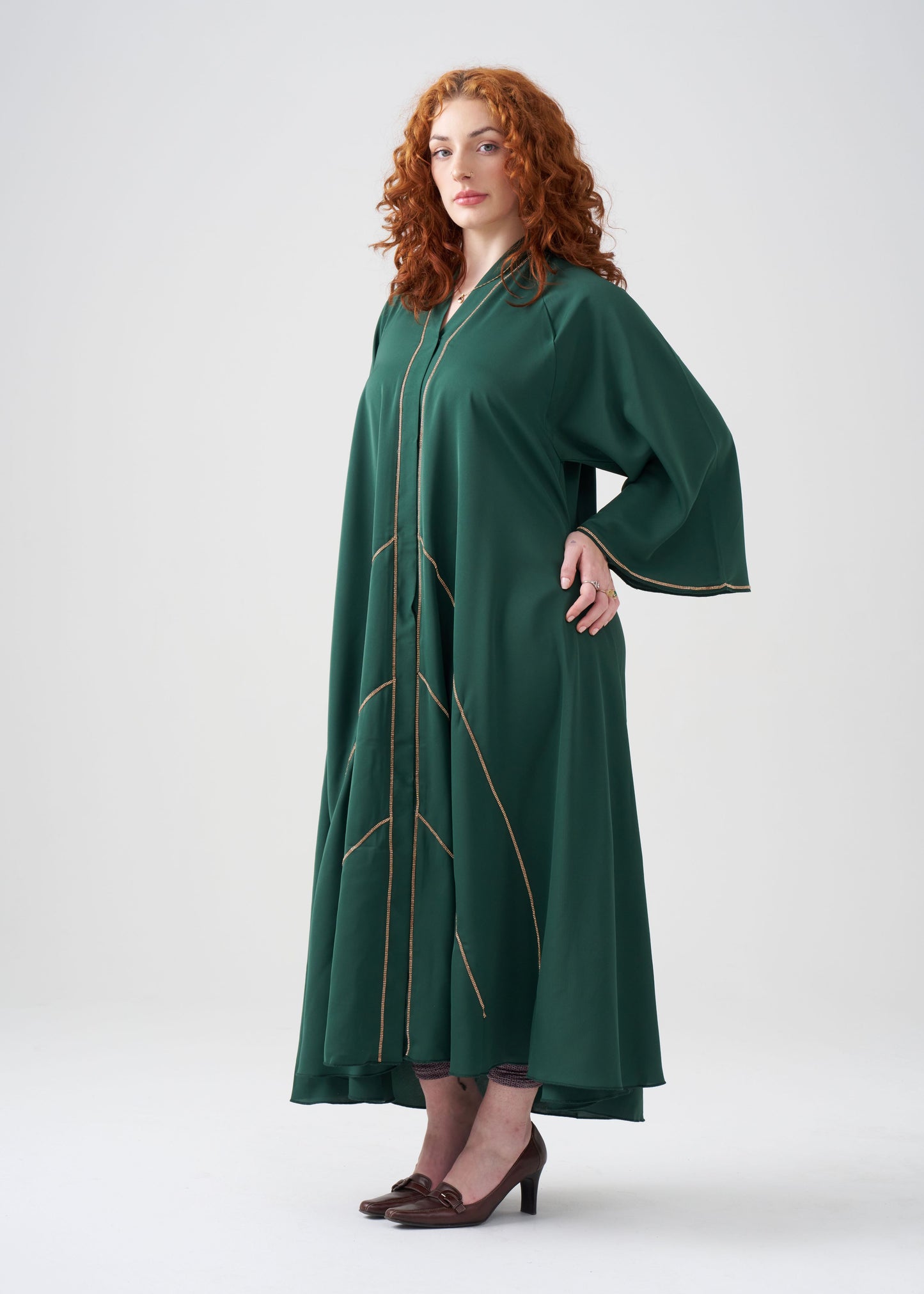 Wide-Fit Green Abaya with Gold Design | Flared-Sleeve | Hijab Included