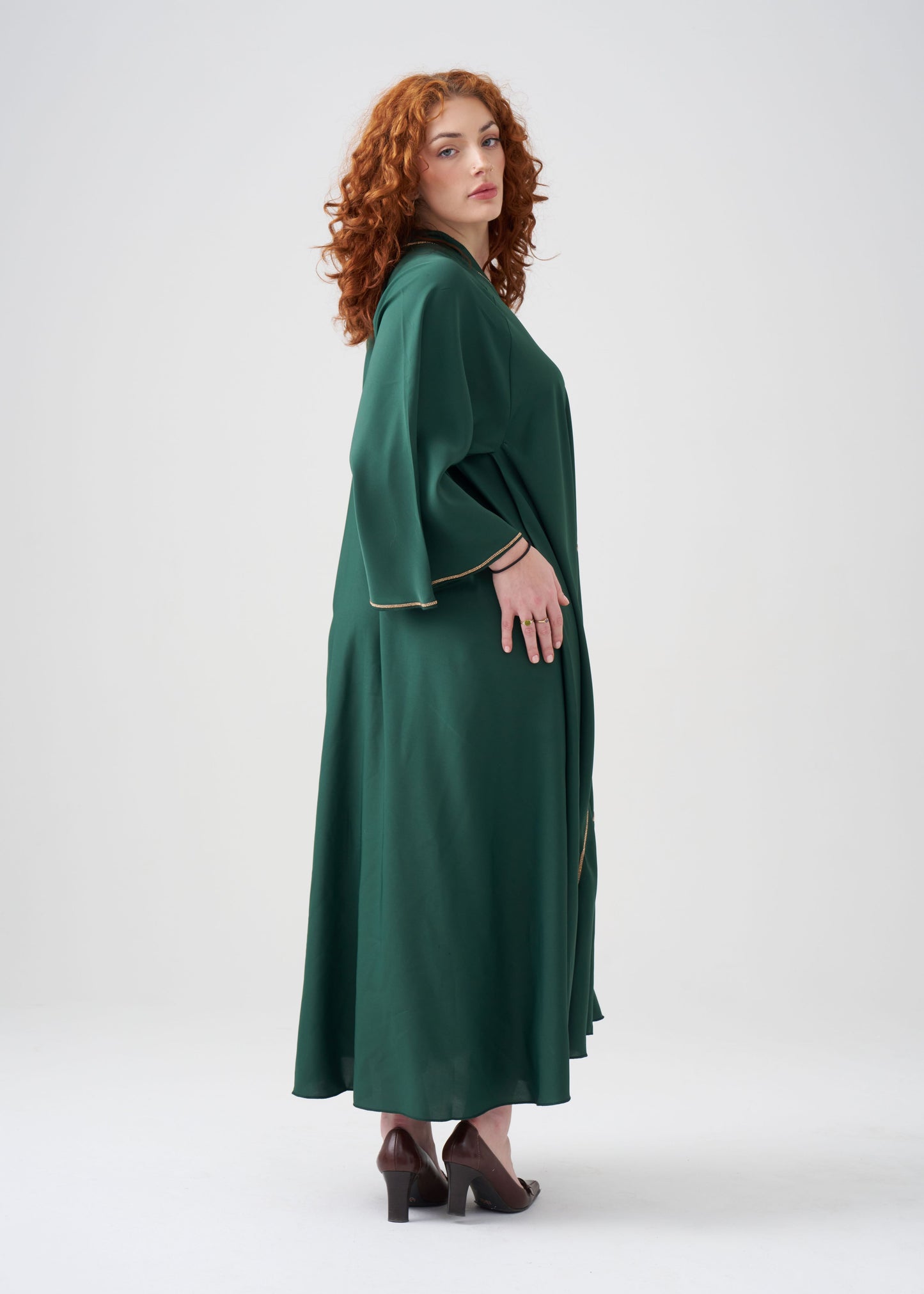 Wide-Fit Green Abaya with Gold Design | Flared-Sleeve | Hijab Included