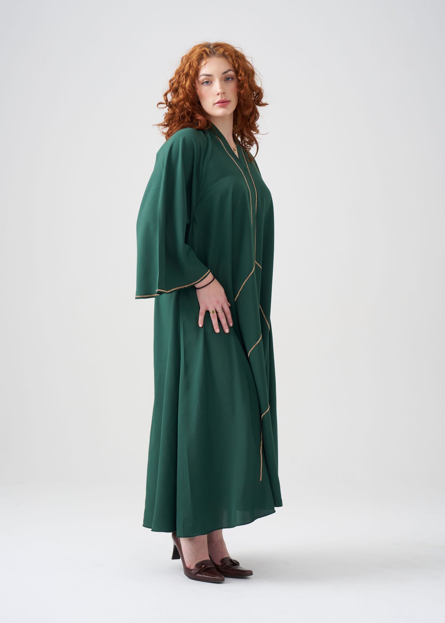 Wide-Fit Green Abaya with Gold Design | Flared-Sleeve | Hijab Included