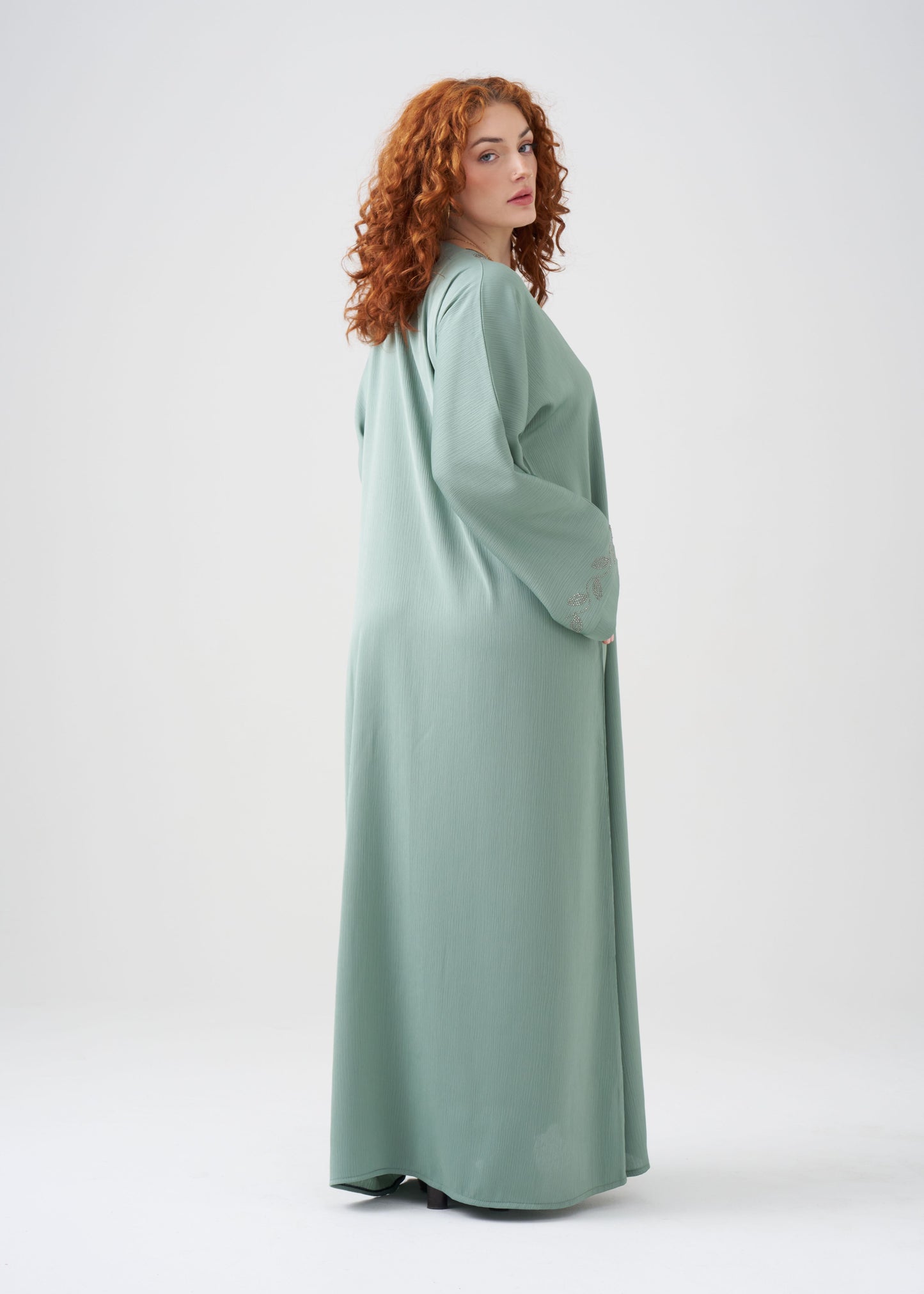 Straight-Fit Seafoam Green Abaya | Beaded Design | Hijab Included