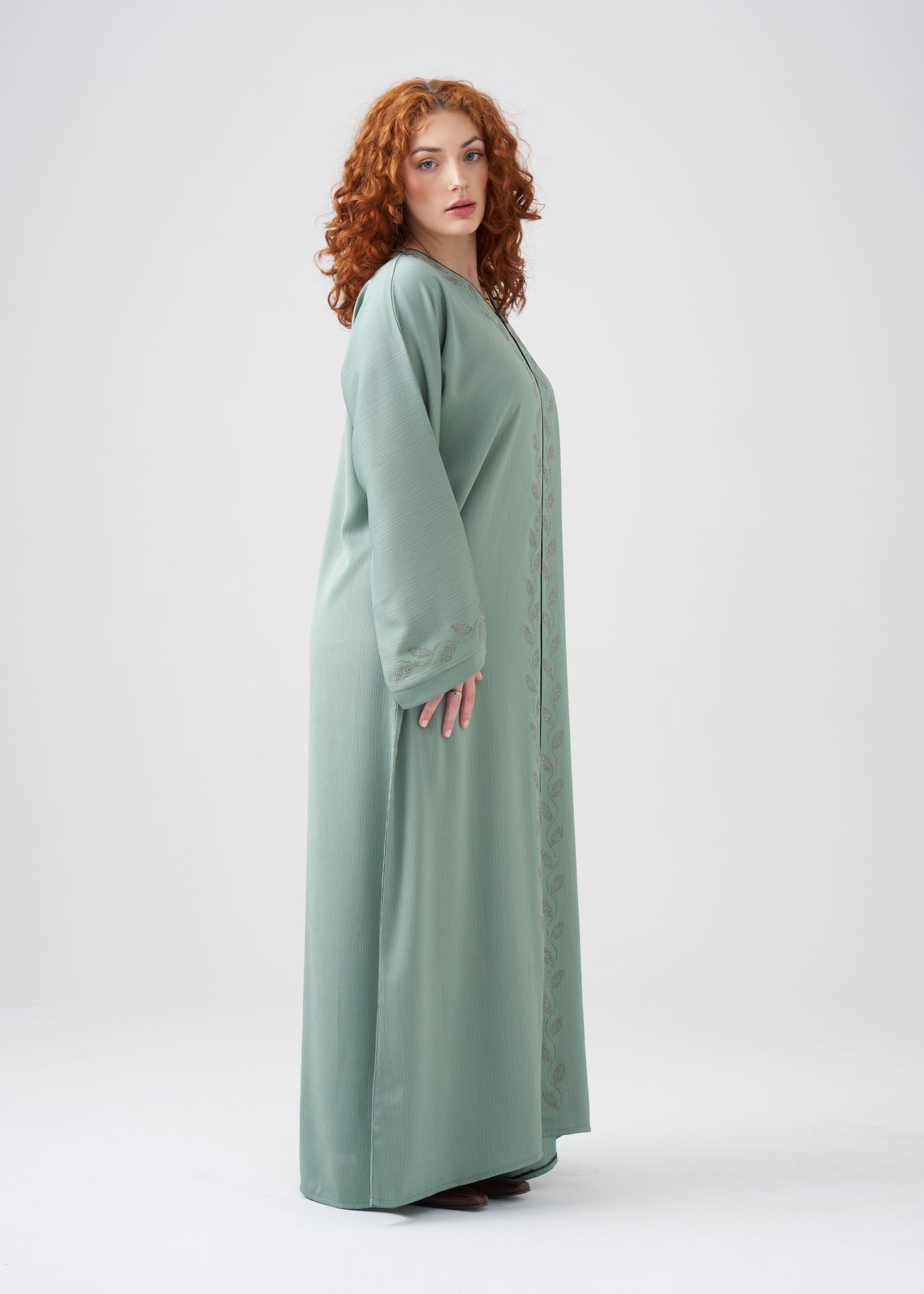 Straight-Fit Seafoam Green Abaya | Beaded Design | Hijab Included