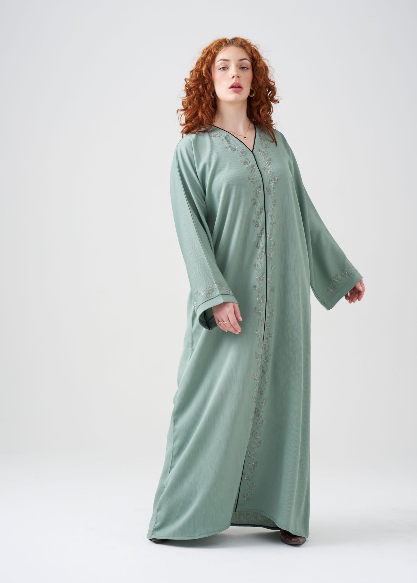 Straight-Fit Seafoam Green Abaya | Beaded Design | Hijab Included