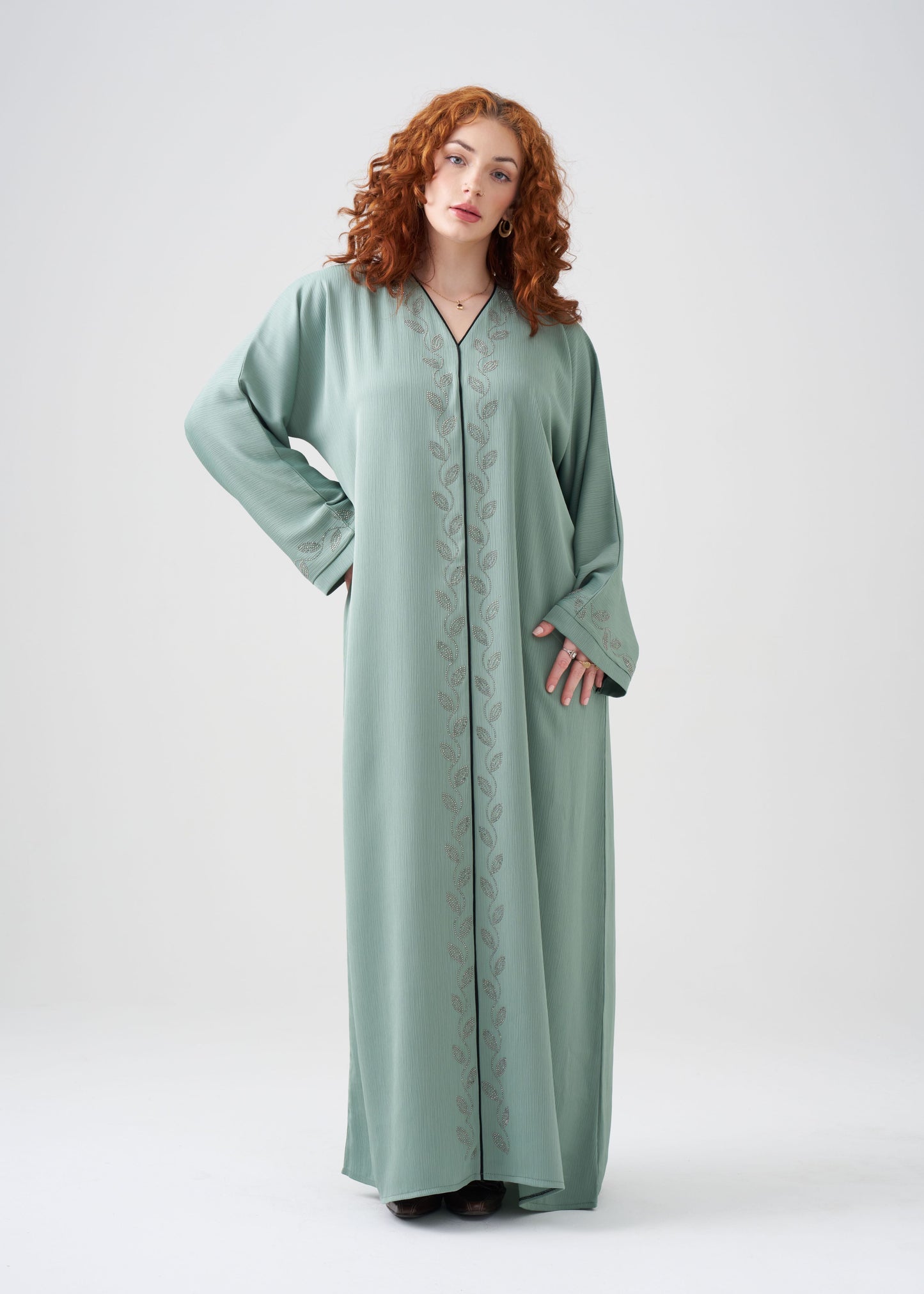 Straight-Fit Seafoam Green Abaya | Beaded Design | Hijab Included