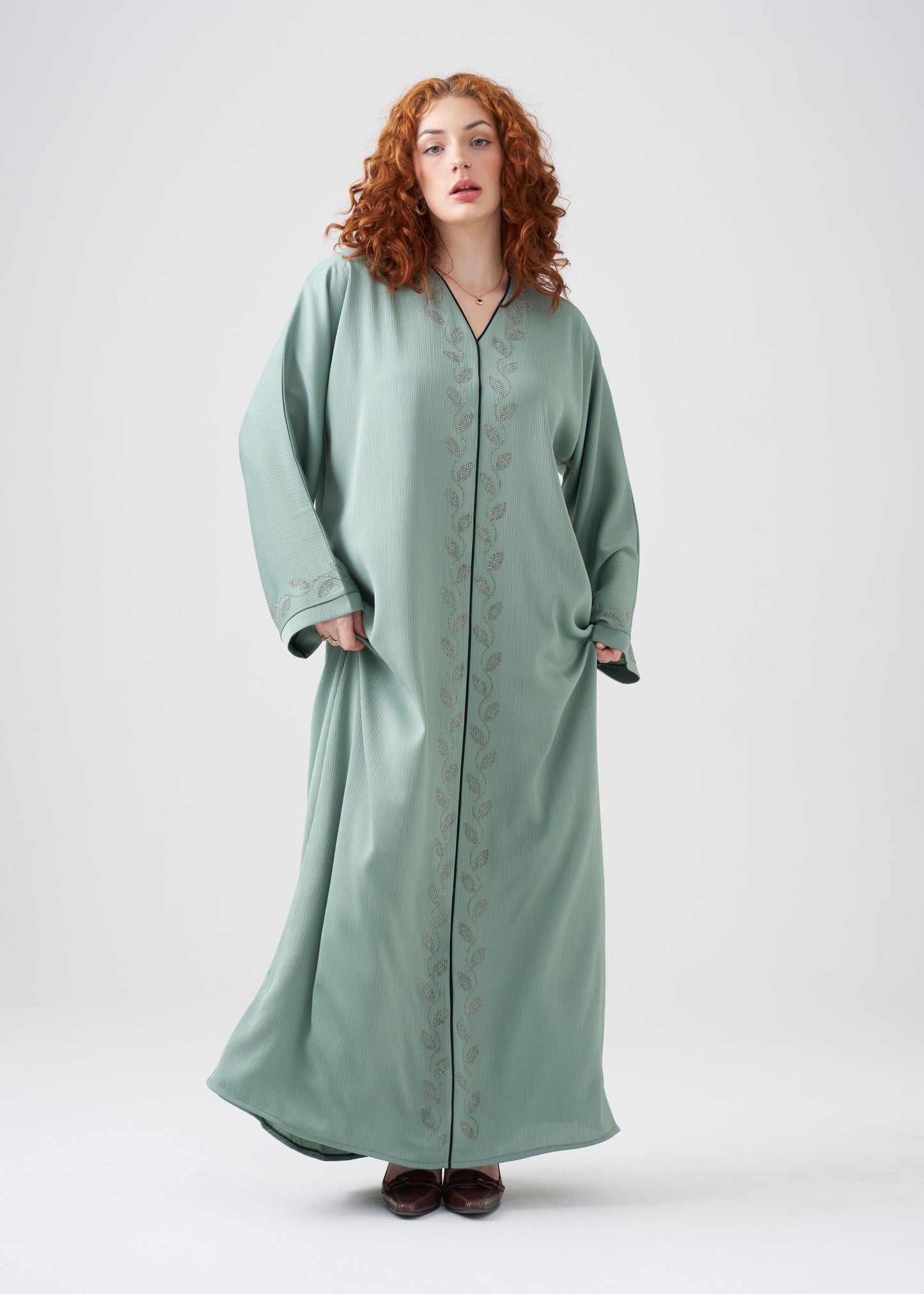 Straight-Fit Seafoam Green Abaya | Beaded Design | Hijab Included