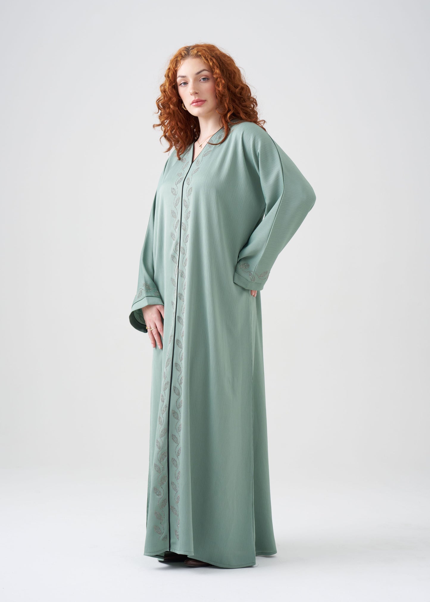 Straight-Fit Seafoam Green Abaya | Beaded Design | Hijab Included