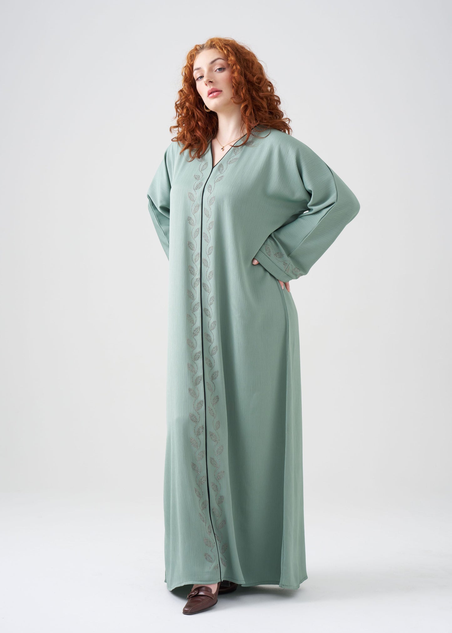 Straight-Fit Seafoam Green Abaya | Beaded Design | Hijab Included