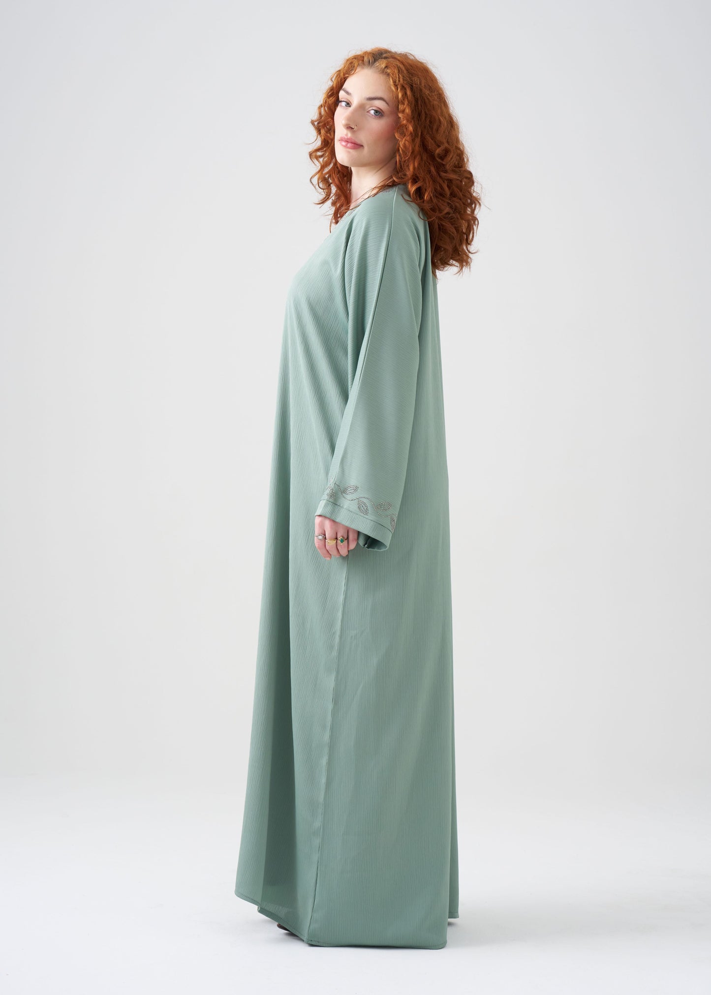 Straight-Fit Seafoam Green Abaya | Beaded Design | Hijab Included