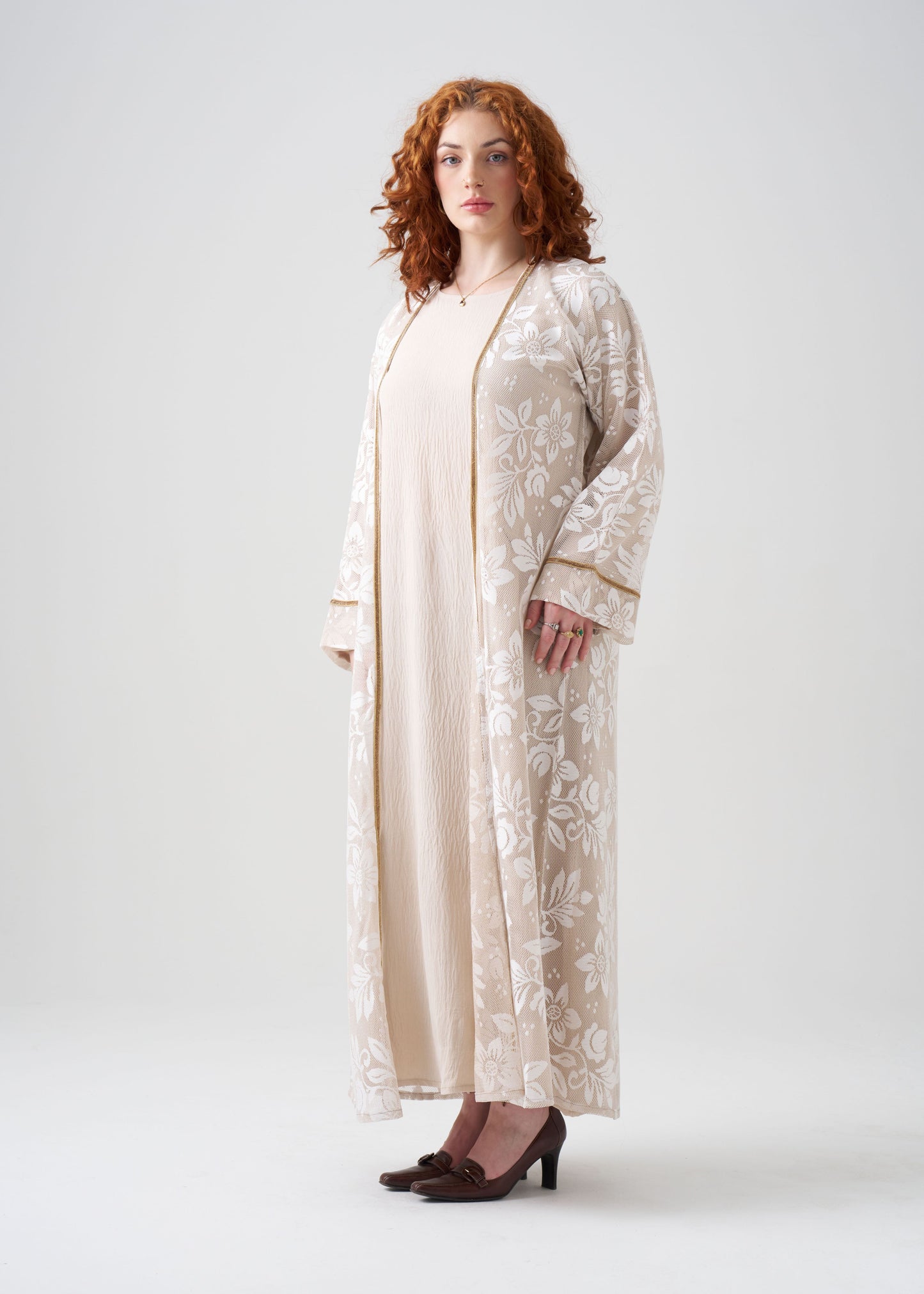 Gown-Style White and Gold Abaya with Gold Detail | Net Gown | 2-piece | Hijab Included