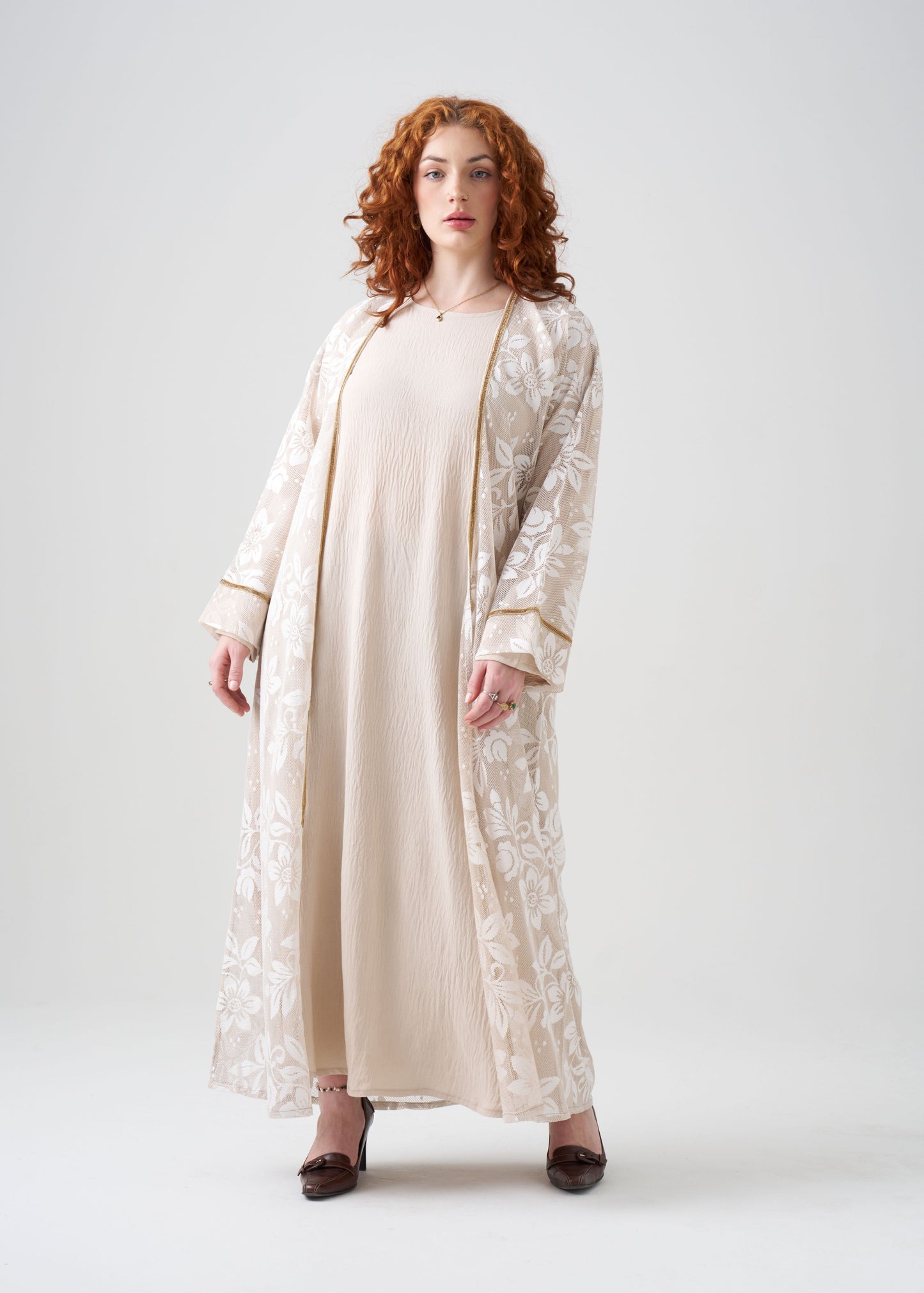 Gown-Style White and Gold Abaya with Gold Detail | Net Gown | 2-piece | Hijab Included