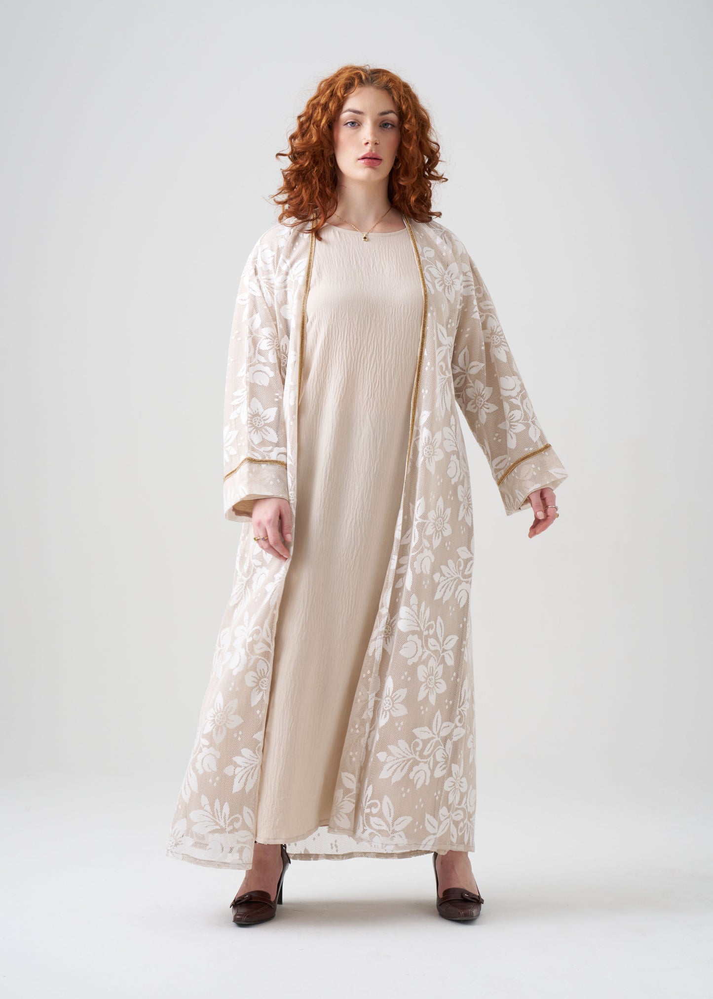 Gown-Style White and Gold Abaya with Gold Detail | Net Gown | 2-piece | Hijab Included