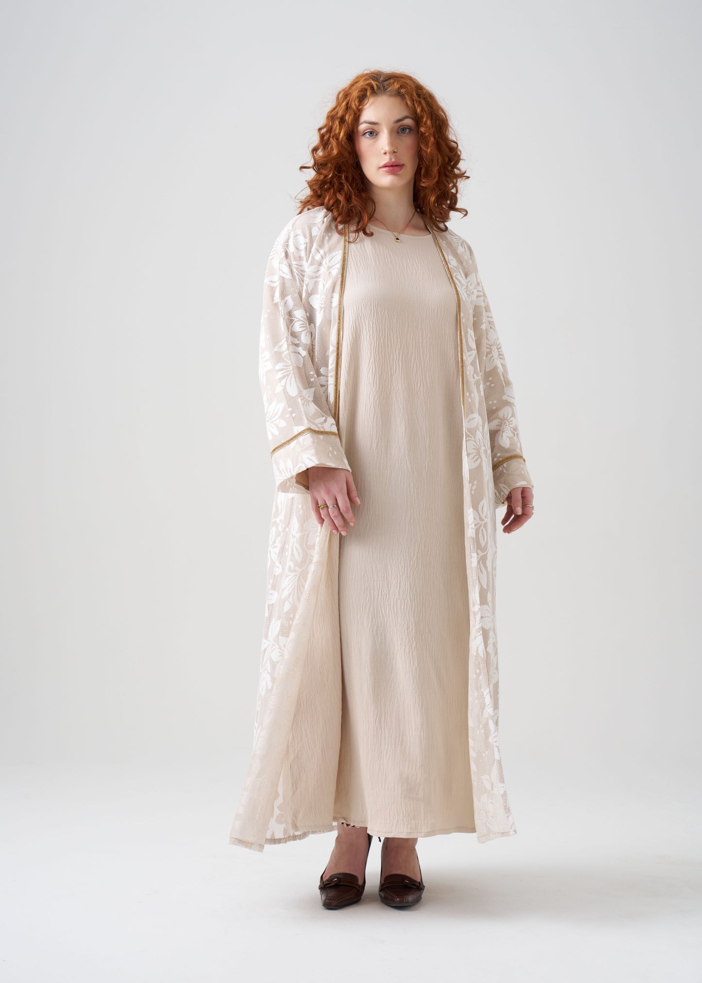 Gown-Style White and Gold Abaya with Gold Detail | Net Gown | 2-piece | Hijab Included